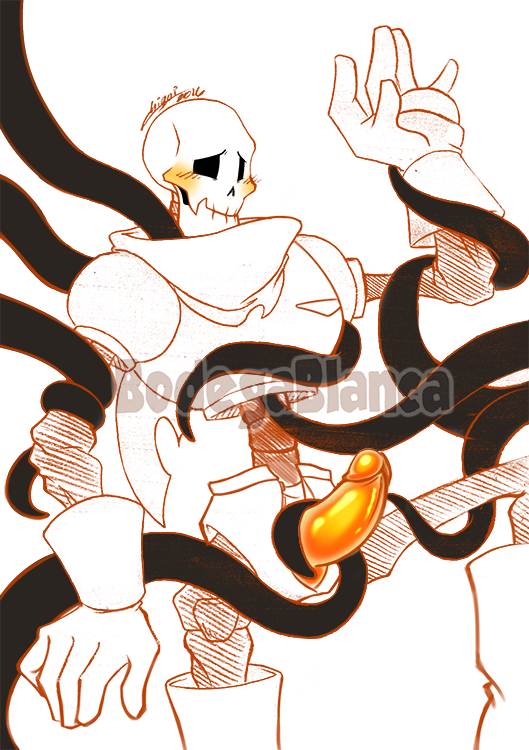 1boy 2016 black_tentacles blush blush_lines blushing bodegablanca clothed ectopenis gloves male_only nervous orange_penis papyrus restrained_arms scarf skeleton skull tagme tendrils tentacles undertale unzipped_fly unzipped_shorts watermark