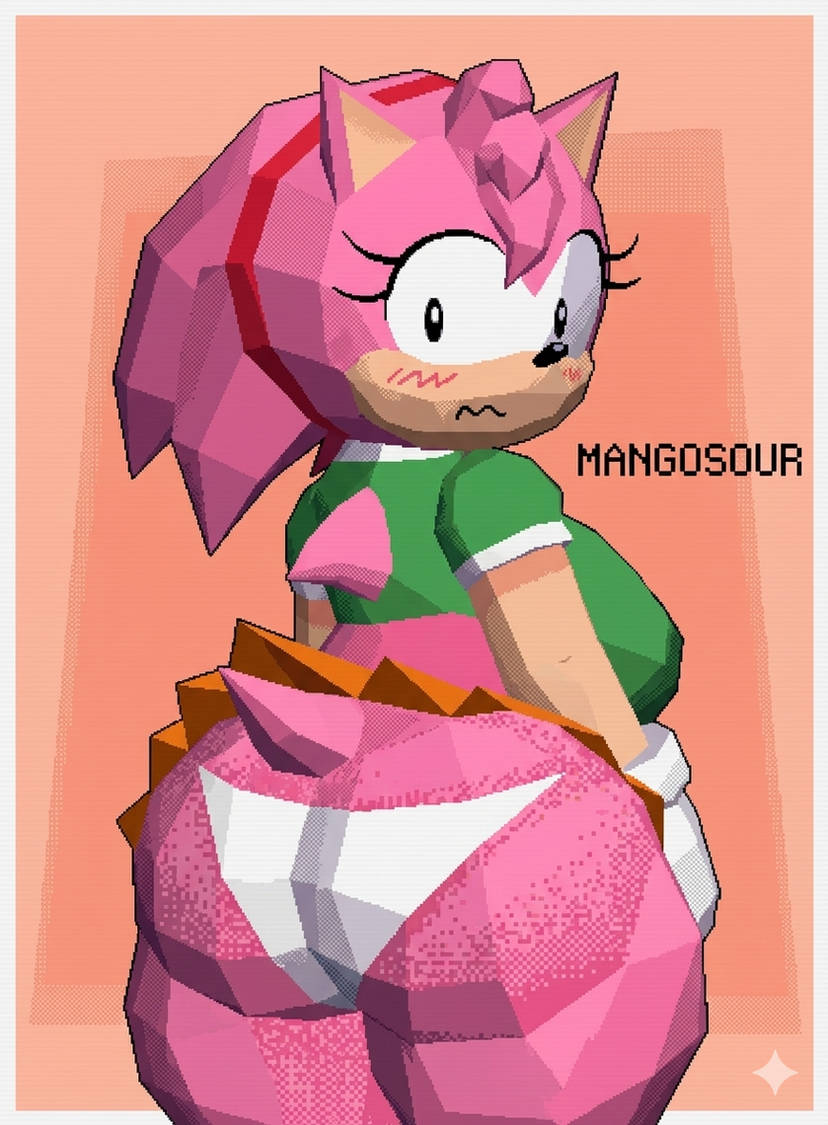 ai generated, amy rose, blush, blushing, classic amy rose, dilated pupils, gemini, large ass, looking at viewer, looking back, low poly, pink skin, robotgirlfanatic263, short skirt, shortstack, sonic (series), sonic the hedgehog (series), squiggle mouth, upskirt