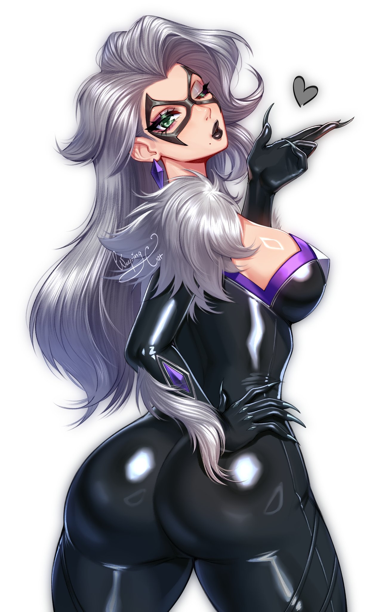 1girls, 2026, 2d, black cat (marvel rivals), black cat (marvel), black lipstick, bodysuit, clothed, felicia hardy, female, fully clothed, green eyes, lipstick, marvel, marvel comics, marvel rivals, skin tight, solo, solo female, spider-man (series), tight clothes, tight clothing, weeping cat, white fur, white hair