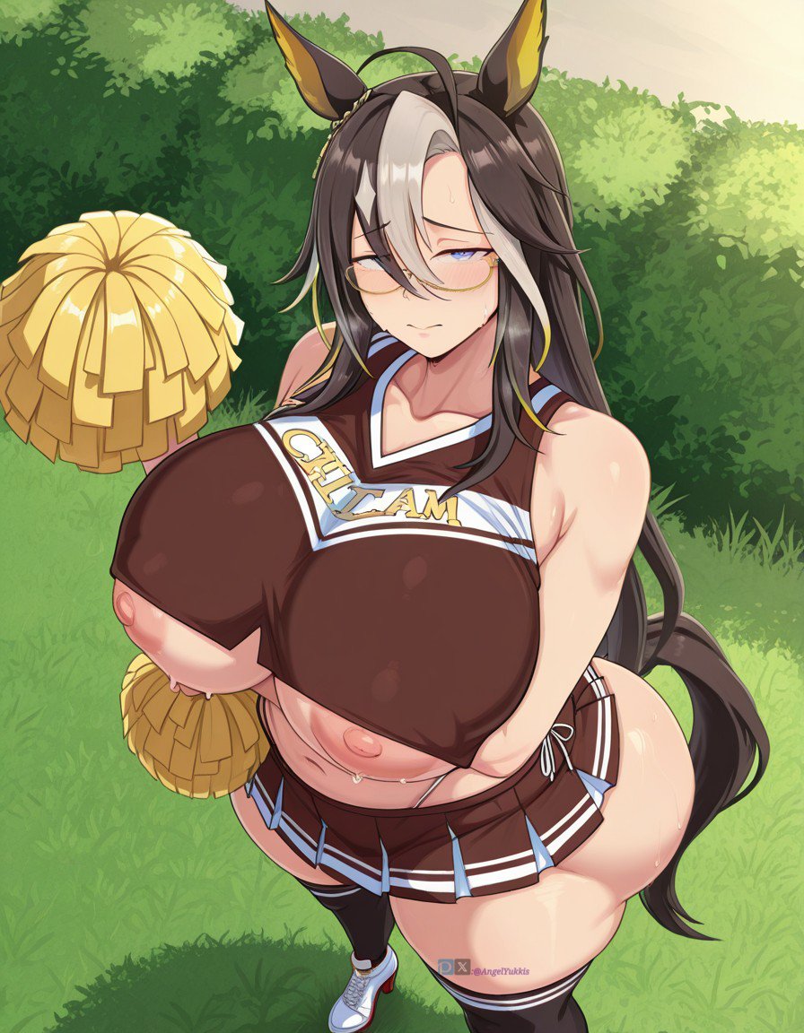 1girls, ai generated, angel yukkis, ass, big ass, big breasts, big tits, breasts, censored, cheerleader, cheerleader uniform, curvy, curvy female, curvy figure, day, dream journey (umamusume), fat ass, nipples, oppai, park, pussy, pussy juice, sexy female, sexy pose, skirt, sleeveless shirt, sweat, thong, tits, umamusume, uncensored, voluptuous female, wet, wet pussy, white thong