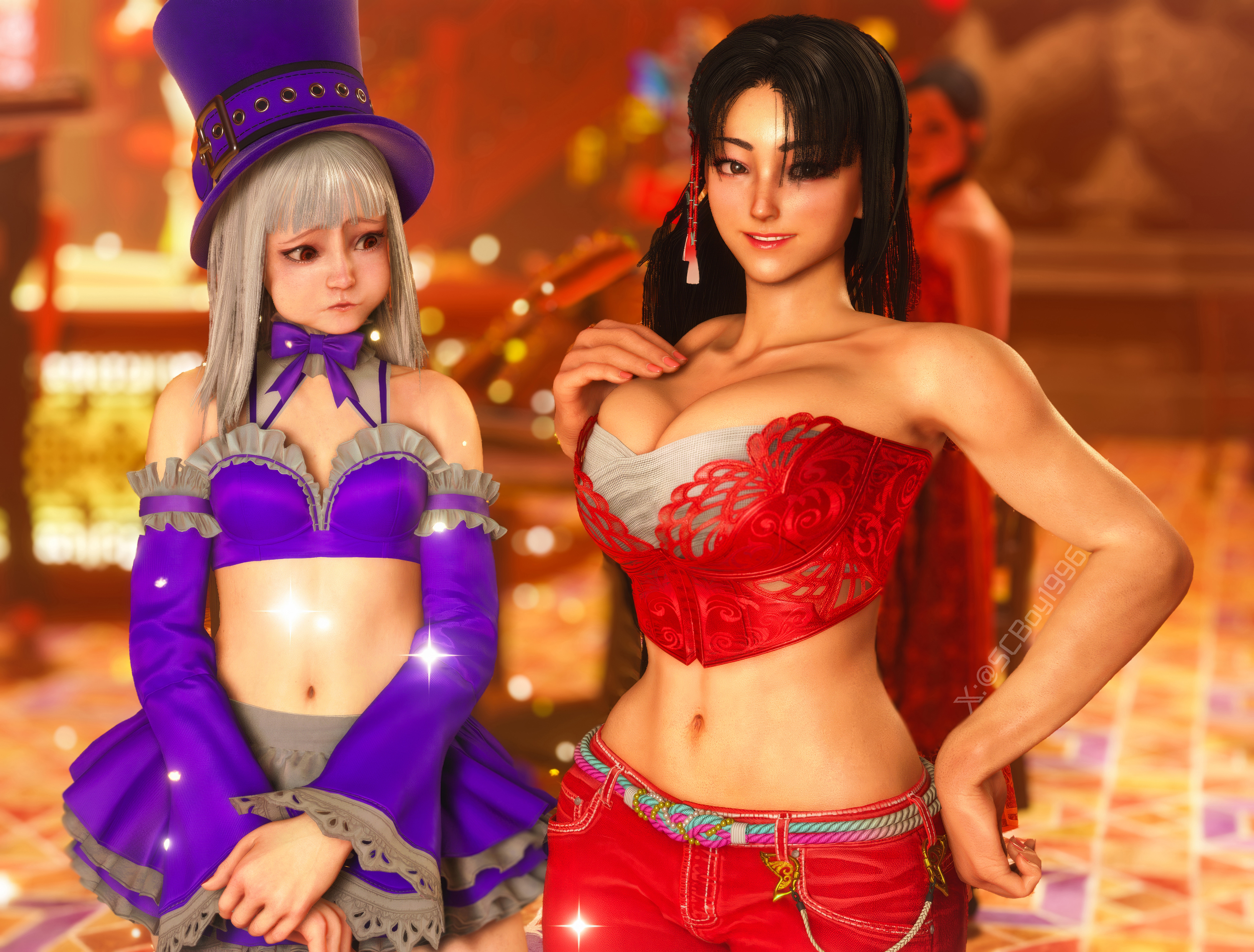 2girls, 3d, armwear, athletic, athletic female, bangs, bare midriff, big breasts, breast envy, breasts, brown eyes, brown hair, busty, capcom, cleavage, corset, crop top, fatal fury, female, female focus, female only, freckles on face, hat, hourglass figure, ingrid (capcom), large breasts, legwear, light skin, light-skinned female, long hair, mai shiranui, mai shiranui (street fighter 6), midnight bliss, miniskirt, navel, pale skin, pale-skinned female, pinup, pinup pose, red hair, screenshotboy96, silver hair, skirt, small breasts, standing, straight hair, street fighter, street fighter 6, tagme, top hat, wide hips