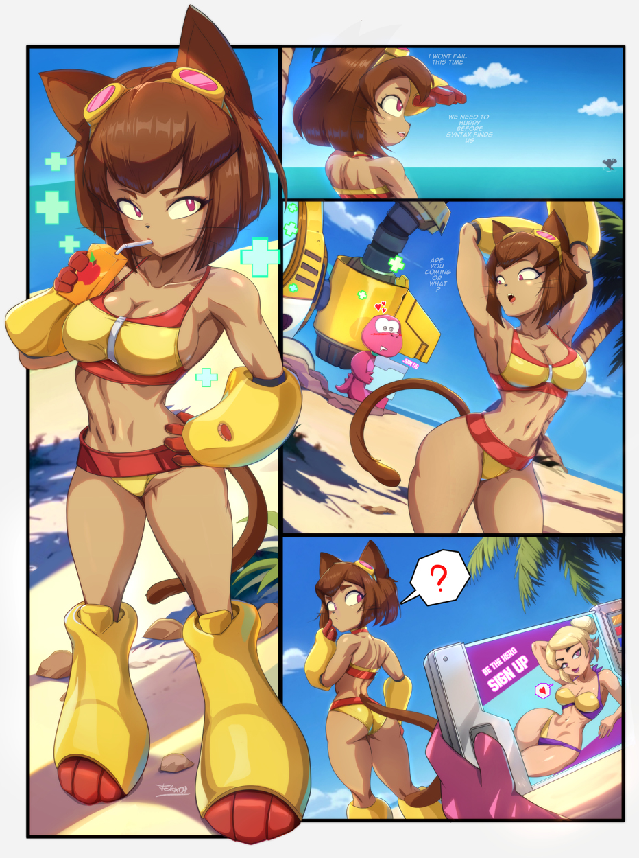 2girls, anthro, ass, big breasts, breasts, english text, felox08, female, female focus, gameoverse, gobbles (gameoverse), huge ass, huge breasts, kit (gameoverse), large ass, large breasts, miss information (gameoverse), speech bubble, text, thick thighs, thighs, wide hips