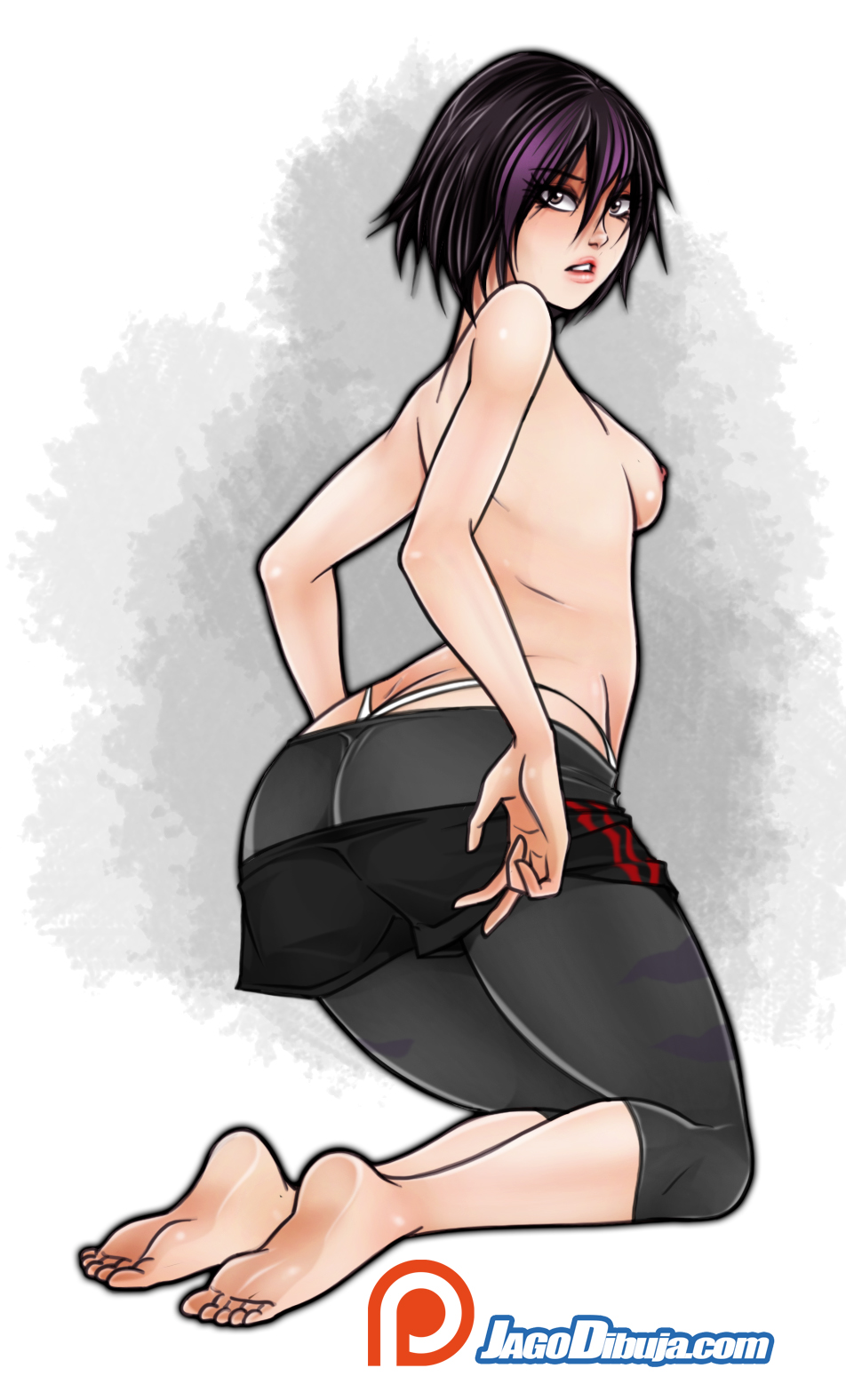 1girls, artist name, asian, ass, bare calves, bare shoulders, barefoot, big hero 6, black hair, black jacket, blush, breasts, calves, covered breasts, curvaceous, disney, feet, female, female only, gogo tomago, high resolution, jago dibuja, large breasts, lips, lipstick, looking at viewer, looking back, marvel, marvel comics, medium breasts, multicolored hair, nipples, pants, pantsu, purple eyes, purple hair, shirt, short hair, sideboob, skin tight, soles, solo, spats, tank top, teeth, thong, toes, topless, two-tone hair, underwear, web address