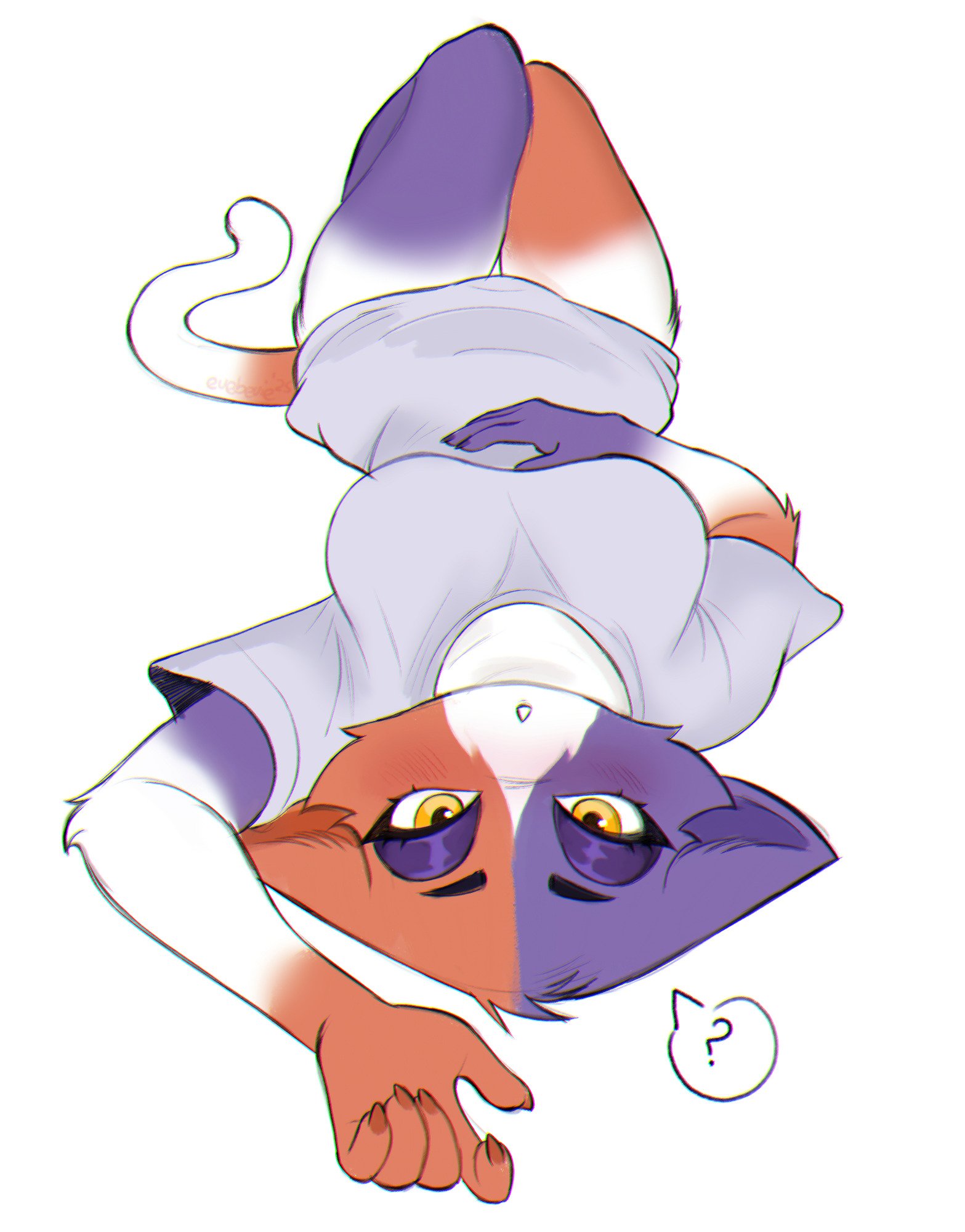 1girls, breasts, epic games, evebevie, feline, female, fortnite, furry, furry only, looking at viewer, lying on back, meow skulls (fortnite), no pants, plain background, question mark, sfw, shirt, shirt only, solo, solo female, thick thighs