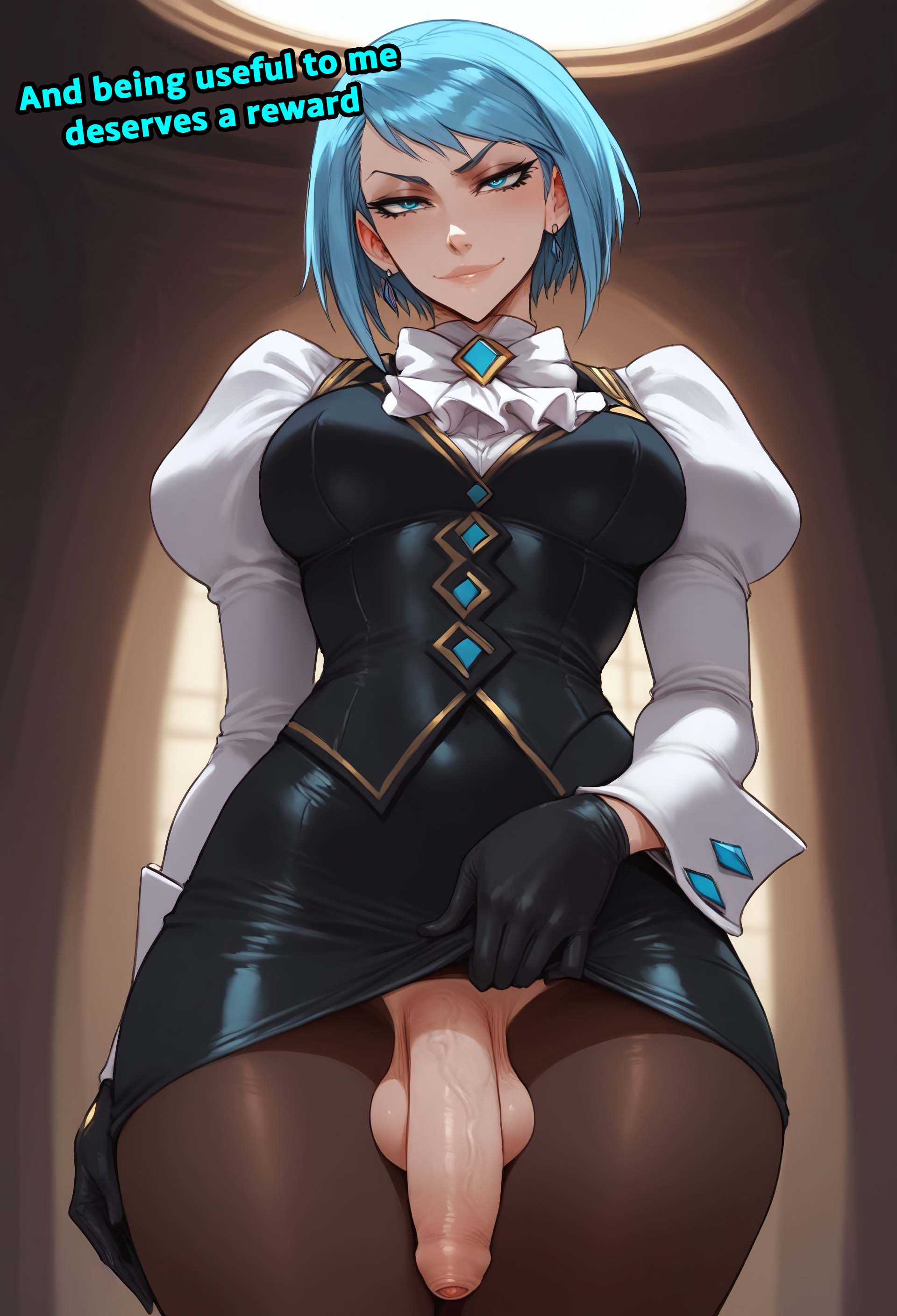 1futa, ai generated, aqua eyes, aqua hair, ass, balls, big ass, big breasts, big butt, big hips, big penis, black vest, blue eyes, blue hair, breasts, bulge, bulge through clothing, caption, captioned, cleavage, clothed, clothing, dick, dickgirl, earrings, eyebrows, eyelashes, female, flaccid, foreskin, from below, futa only, futanari, gem, gloves, grin, grinning, grinning at viewer, gyakuten saiban, hair, hands-free, huge cock, indoors, intersex, karuma mei, latex, lifting skirt, lips, long hair, looking at viewer, makeup, mature, mature female, mature futa, medium hair, narrow waist, narrowed eyes, nose, pantyhose, penis, sadism, sadistic, sadistic female, sadistic smile, seducing, seductive, seductive eyes, seductive gaze, seductive look, seductive mouth, seductive pose, seductive smile, shirt, short hair, skirt, smile, smile at viewer, smiley face, smooth balls, smooth penis, smooth skin, solo, solo dickgirl, solo focus, solo futa, taker pov, testicles, text, text bubble, thick thighs, thighhighs, thighs, uncircumcised, velarin, vest
