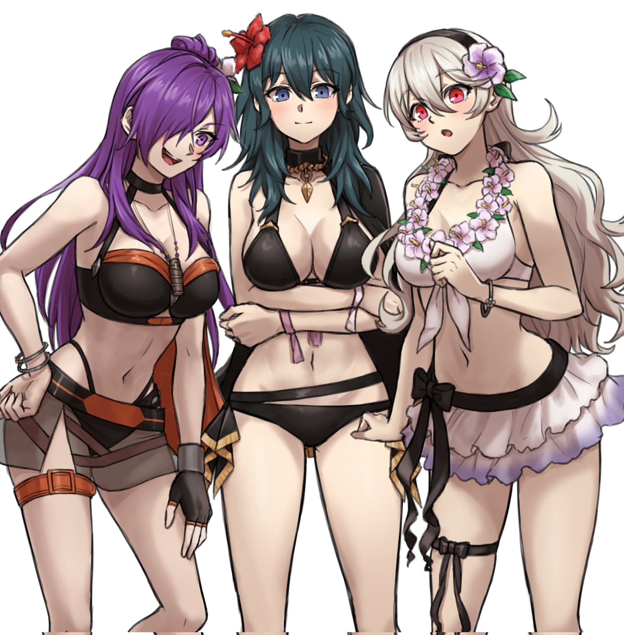 3girls, bikini, black choker, blue eyes, bracelet, breasts, byleth (fire emblem), byleth (fire emblem) (female), byleth (summer) (fire emblem) (female), choker, cleavage, corrin (fire emblem), corrin (fire emblem) (female), crossed arms, female, fire emblem, fire emblem fates, fire emblem heroes, fire emblem warriors: three hopes, fire emblem: three houses, flower, flower necklace, green hair, hair flower, hair ornament, highres, jewelry, long hair, multiple females, multiple girls, navel, necklace, nintendo, official alternate costume, open mouth, purple eyes, purple hair, red eyes, shez (fire emblem), shez (fire emblem) (female), simple background, standing, swimsuit, thigh strap, white background, white hair, zuzu (ywpd8853)