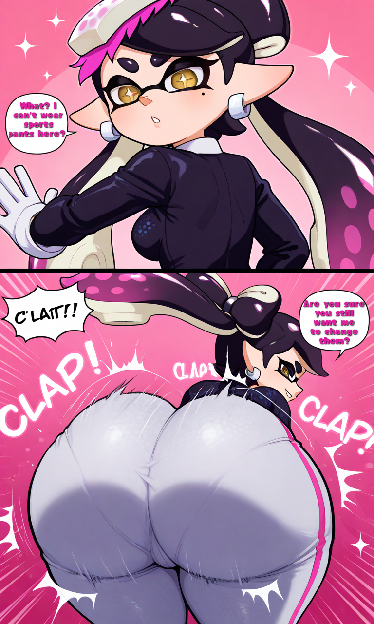 ai_generated ass ass_bigger_than_head ass_focus ass_shake big_ass big_butt black_hair bottom_heavy bubble_butt butt_shake caked_up callie_(splatoon) clapping_cheeks dat_ass dumptruck_ass english_text fat_ass female glowing_eyes huge_ass inkling inkling_girl large_ass light-skinned_female light_skin long_hair looking_back nintendo pawg round_ass splatoon squatting teasing tentacle_hair text throwing_it_back tight_clothing twerk twerking twerking_position video_games wide_hips yellow_eyes