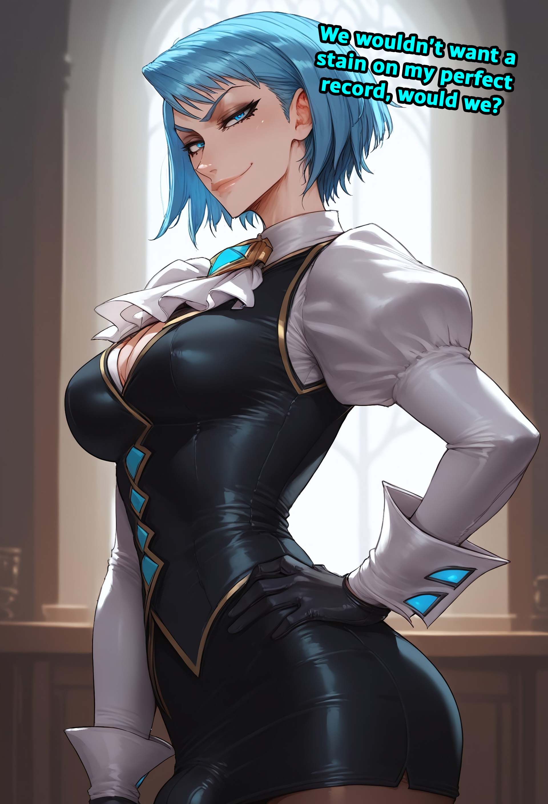 1futa, ai generated, aqua eyes, aqua hair, ass, balls, big ass, big breasts, big butt, big hips, big penis, black vest, blue eyes, blue hair, breasts, caption, captioned, cleavage, clothed, clothing, dick, dickgirl, earrings, eyebrows, eyelashes, female, futa only, futanari, gem, gloves, grin, grinning, grinning at viewer, gyakuten saiban, hair, hand on hip, hands-free, huge cock, indoors, intersex, karuma mei, latex, lips, long hair, looking at viewer, makeup, mature, mature female, mature futa, medium hair, narrow waist, narrowed eyes, nose, pantyhose, penis, sadism, sadistic, sadistic female, sadistic smile, seducing, seductive, seductive eyes, seductive gaze, seductive look, seductive mouth, seductive pose, seductive smile, shirt, short hair, side view, skirt, smile, smile at viewer, smiley face, smirk, smirking, smirking at viewer, smooth balls, smooth penis, smooth skin, solo, solo dickgirl, solo focus, solo futa, testicles, text, text bubble, thick thighs, thighhighs, thighs, velarin, vest