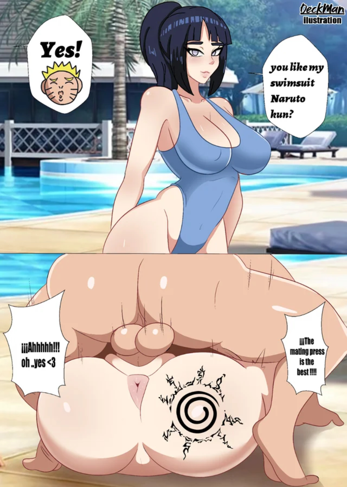 1boy, 1girls, beach, canon couple, deckman, english text, female, hyuuga hinata, male, mating press, mrdeck, naruto, naruto (series), rough sex, sex, swimsuit, text, uzumaki naruto
