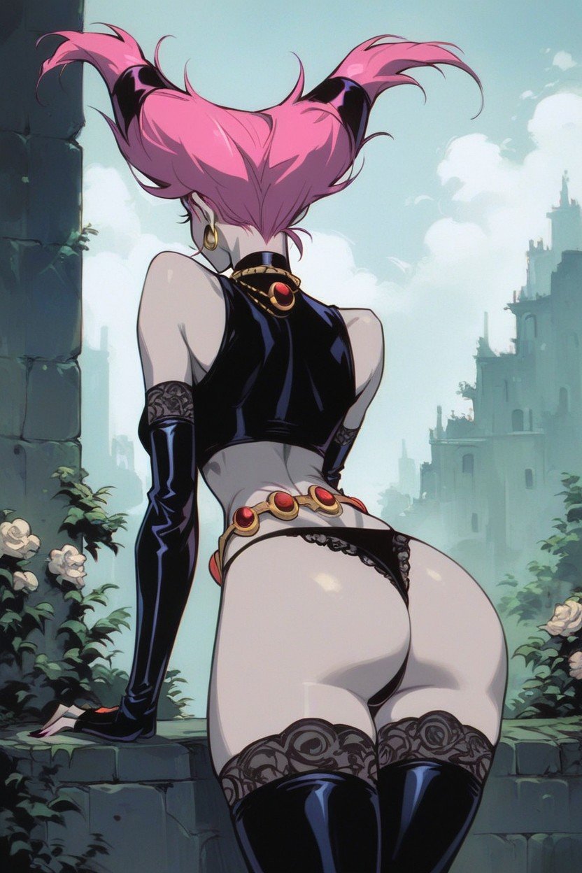 1girls, ai generated, ass, behind view, createhentai, dc, dc comics, female, jinx (dc), lace panties, lace stockings, sexy underwear, solo female, teen titans, thong