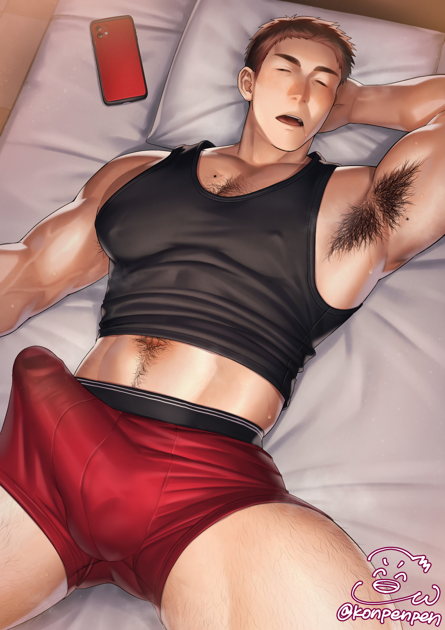 1boy, abs, armpit hair, armpits, arms up, bara, bed, bedroom, beefy, biceps, big bulge, big pecs, big penis, boxers, brown hair, bulge, bulge through clothing, cellphone, chest hair, collarbone, drooling, erection, erection under clothes, futon, gay, hairy, hands behind head, happy trail, hi res, huge cock, huge pecs, hunk, indoors, konpenpen, leg hair, legs apart, long penis, lying, lying on back, lying on bed, male, male only, masculine male, mature male, mole, mole on armpit, mole on ass, mole on pec, morning wood, muscles, muscular, muscular arms, muscular legs, muscular male, muscular thighs, navel, nipples visible through clothing, offscreen character, oppai, original, original character, pecs, penis, pillow, quadriceps, saliva, saliva trail, short hair, sleeping, smartphone, sweat, sweatdrop, tank top, thick eyebrows, thick penis, tough guy, triceps, veiny arms, yaoi