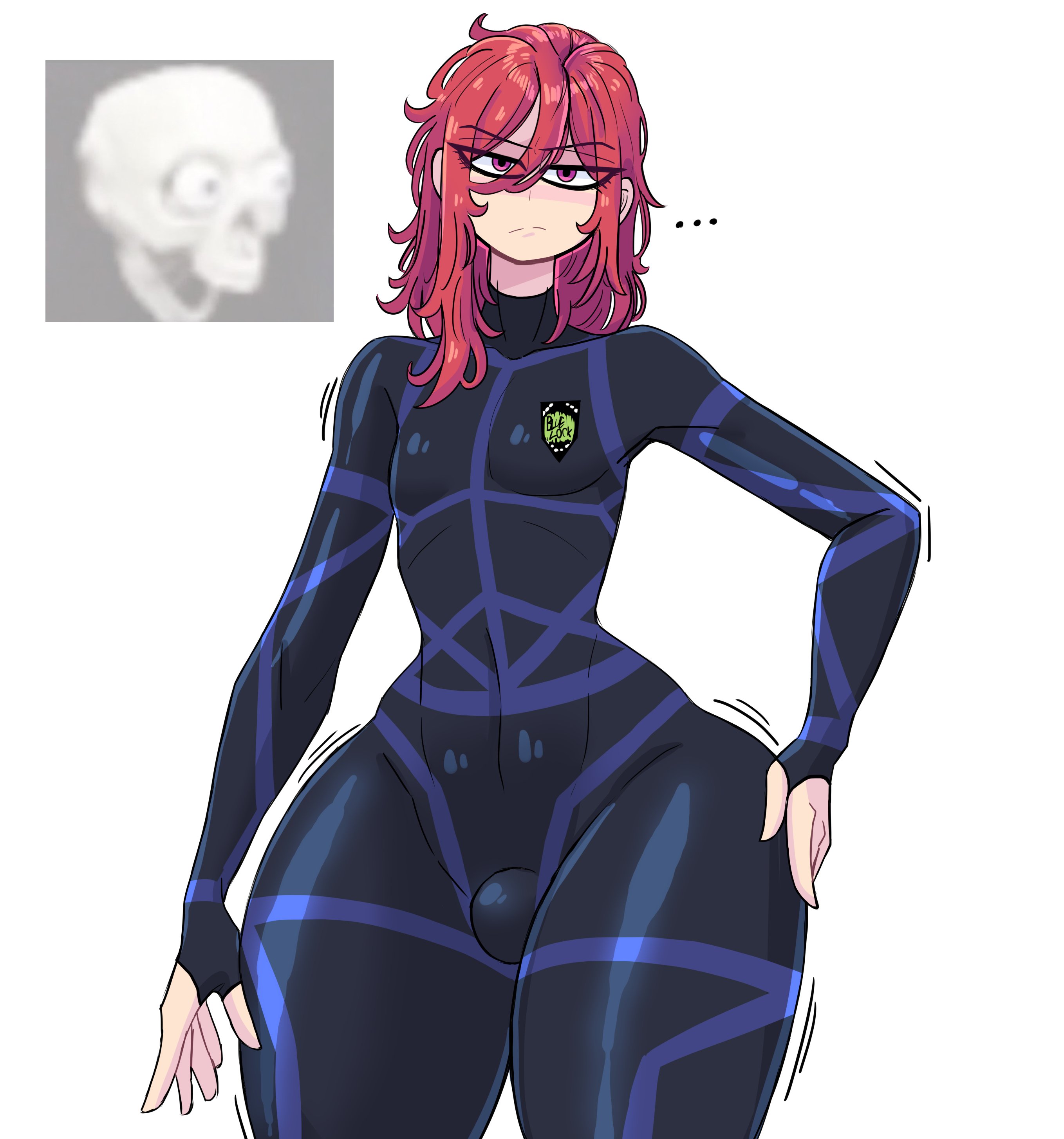 allenhara, big thighs, blue lock, bodysuit, femboy, hyoma chigiri, male, red hair, small waist, thick thighs, wide hips