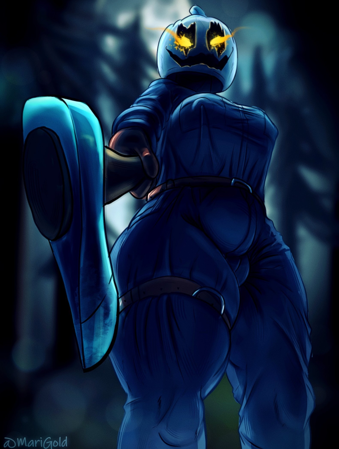 1girls, axe, belt, breasts, busty, busty female, cassie rose (mcsm), diamond axe, female, marigold rosi, mask, masked, mcsm, minecraft, minecraft: story mode, nipples visible through clothing, pumpkin, pumpkin head, rosigoldd, solo, solo female, solo focus, the white pumpkin, thick thighs