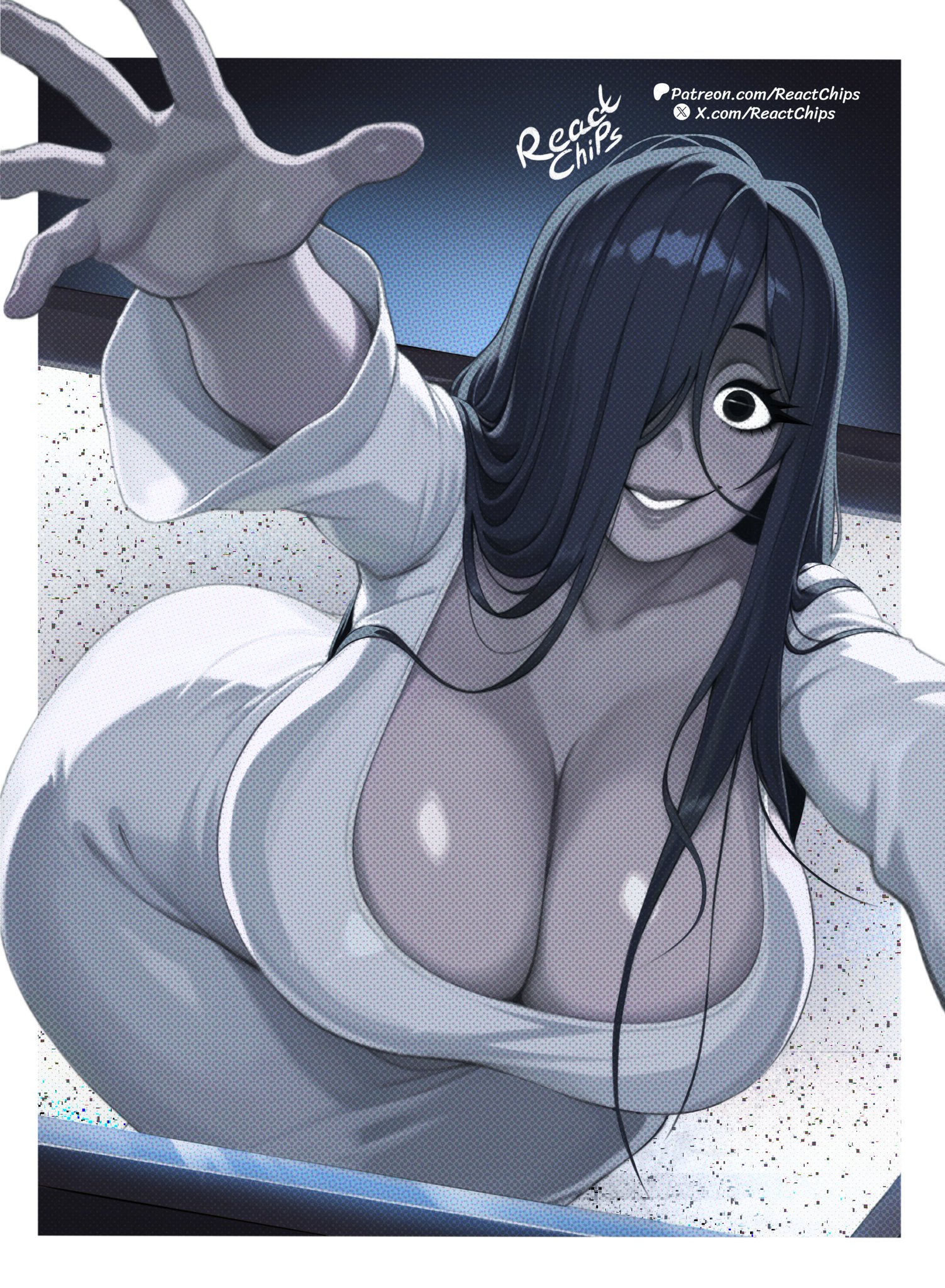 ai generated, ass, big breasts, breasts, cleavage, coming out of tv, female, ghost, ghost girl, huge ass, huge breasts, reactchips, smiling at viewer, tagme, the ring, thick thighs, wide hips, yamamura sadako
