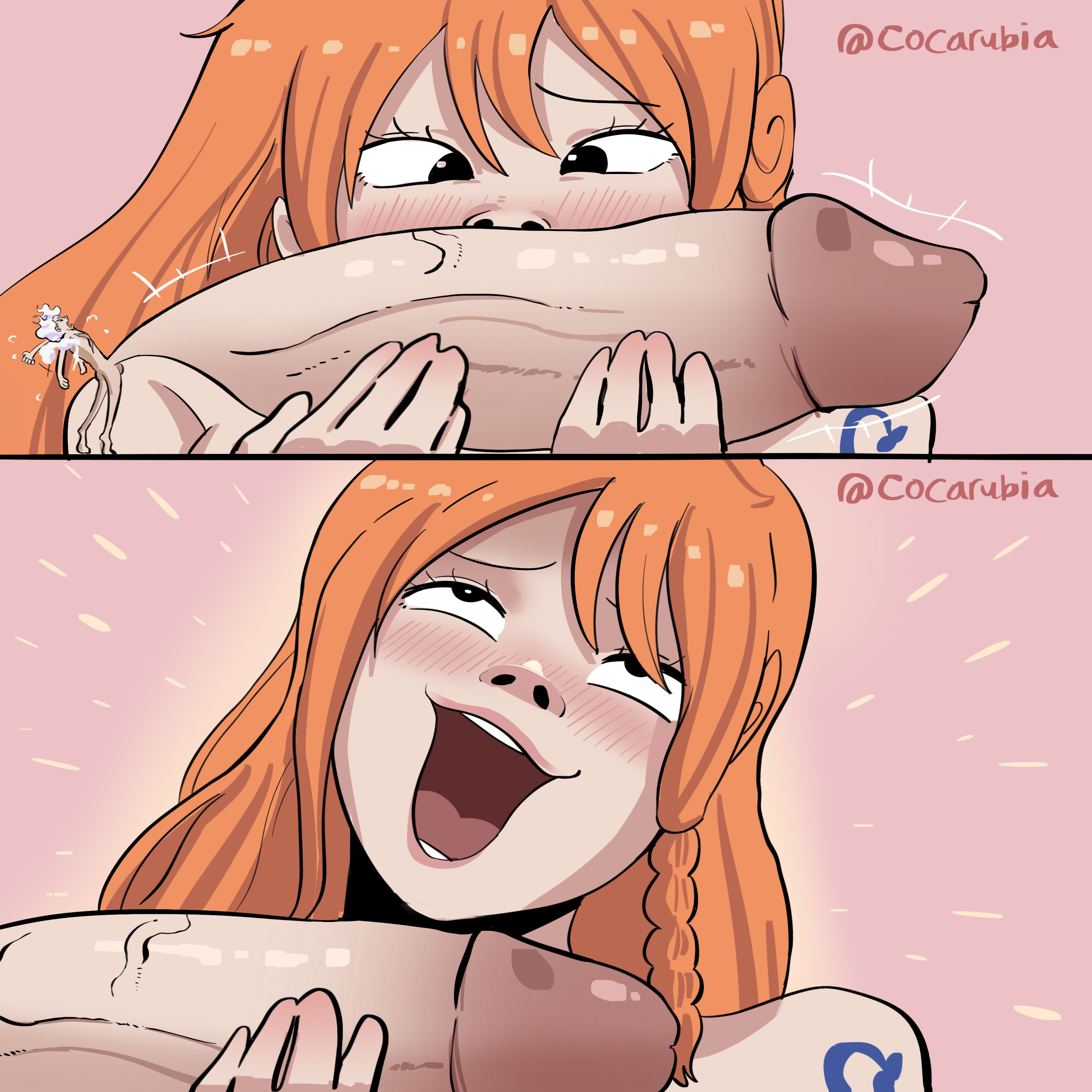 1boy, 1girls, ahe gao, balls, big balls, big penis, cocarubia, cock hungry, cute, enormous penis, female, gear 5 luffy, giantess, gigantic penis, gomu gomu no mi (gear 5), huge cock, huge penis, hyper balls, hyper penis, imminent oral, jpg, large penis, light skin, light-skinned female, light-skinned male, long hair, long penis, male, meme, meme reference, monkey d luffy, nami (one piece), nude, one piece, open mouth, oral, penis, petite, reference, rolling eyes, rumi sniffing gimbap, seductive mouth, slim, sniffing, sniffing penis, tagme, teenager, throat, tongue out, twitter link
