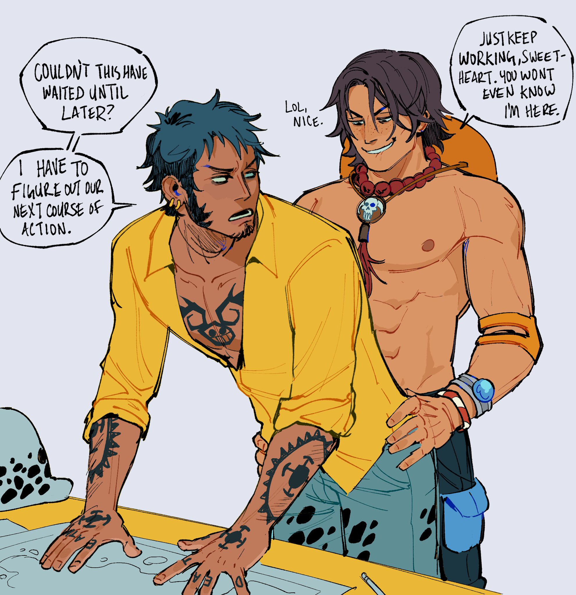 2boys, 2d, 2d (artwork), 2d artwork, 2male, 2males, 2man, 2men, biting lip, biting own lip, black hair, brown hair, clothed, color, colored, dressed, earrings, english, english commentary, english language, english text, facial hair, freckles, freckles on face, fully clothed, gay, gay male, homosexual, homosexual male, male, male only, necklace, one piece, portgas d ace, portgas d. ace, shirtless, sideburns, sinkurteeth, tagme, tattoo, tattoo on arm, tattoo on chest, tattooed arm, tattoos, trafalgar law, working