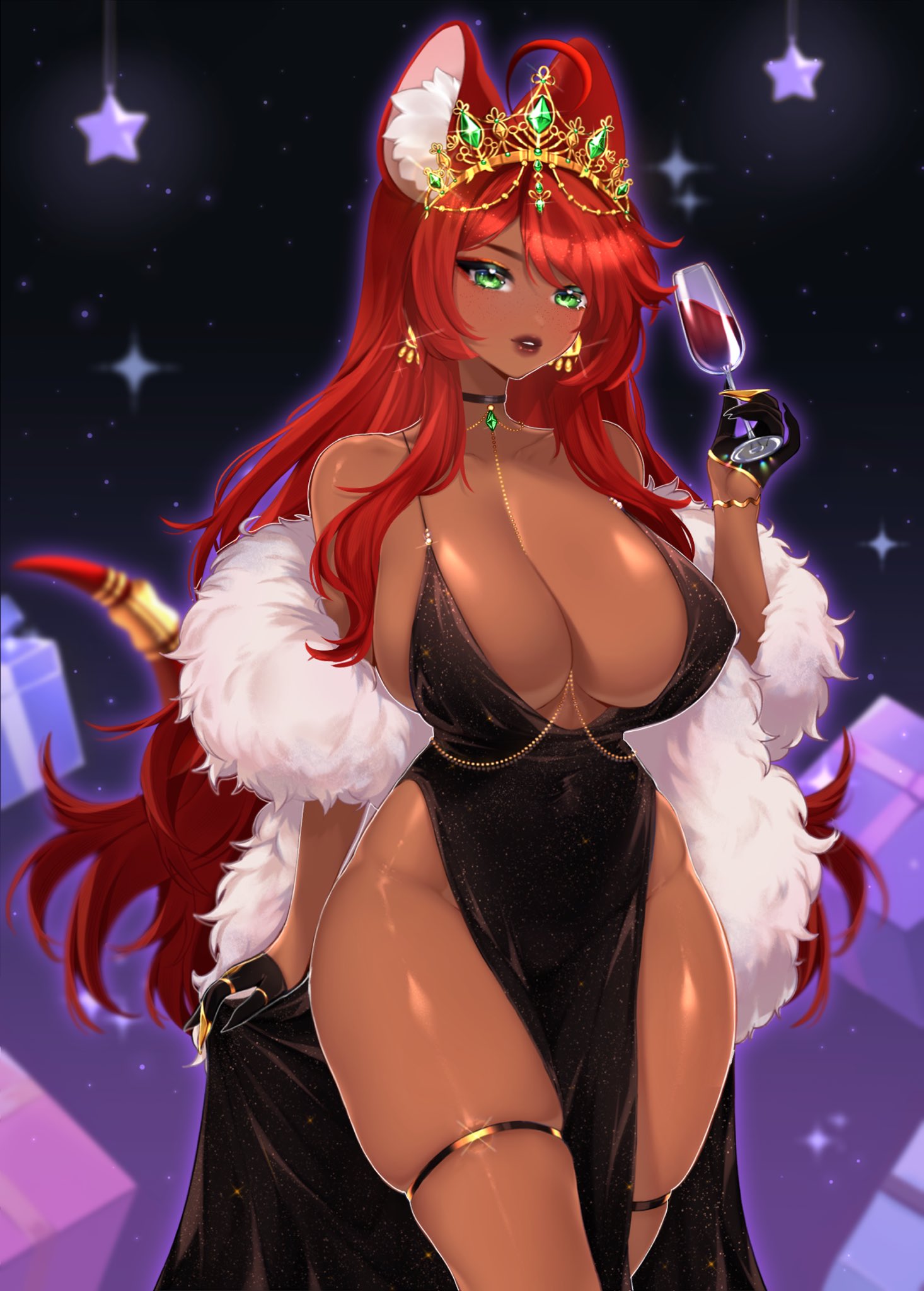 aliciaxlife breasts dark-skinned_female dark_skin female gold_jewelry green_eyes jewelry looking_at_viewer mouse mouse_ears mouse_girl queen rat rat_girl rat_tail red_hair solo solo_female virtual_youtuber vtuber youtuber