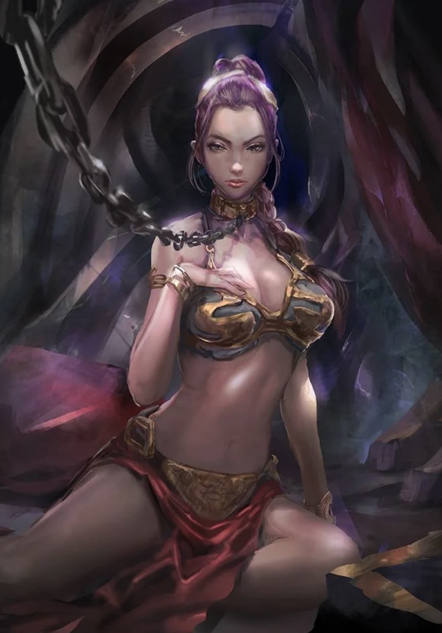 2d, 2d (artwork), 2d artwork, alien, alien female, alien girl, alien humanoid, artist request, bare legs, bare midriff, bare shoulders, bare thighs, belly button, bikini, bikini top, bra, bracelet, braided hair, braided ponytail, brassiere, breasts, brown eyes, brown hair, captured, captured female, captured hero, captured heroine, chain leash, chained, chained collar, chained up, chains, cleavage, clip, collar, curtain, curtains open, damsel in distress, dancer, dancer class, dancer girl, dancer outfit, dark background, ear piercing, ear ring, earring, earrings, eyelashes, eyeshadow, female, gold (metal), gold bikini, gold bikini top, gold bra, gold bracelet, gold bracelets, gold brassiere, gold collar, gold ear piercing, gold ear ring, gold ear stud, gold earring, gold eyeshadow, gold hair ornament, gold jewelry, golden bikini, golden bikini top, golden bra, golden bracelet, golden bracelets, golden collar, golden ear ring, golden earrings, golden hair ornaments, golden shadow, green bikini, green bikini top, green bra, hair ornament, harem girl, harem jewelry, harem outfit, hourglass figure, hourglass figured female, humanoid, inner sideboob, leash, leash and collar, leash pull, leashed collar, leashed female, light skin, light-skinned female, lipstick, loincloth, long hair, long ponytail, medium breasts, metal bracelet, metal collar, midriff, navel, painted, painting, painting (artwork), pillow nest, pillows, pink lips, pink lipstick, ponytail, princess leia organa, red curtain, red curtains, red loincloth, red pillow, red pillows, return of the jedi, sideboob, slave, slave bikini, slave collar, slave girl, slave leia, slave outfit, source request, star wars, thick thighs