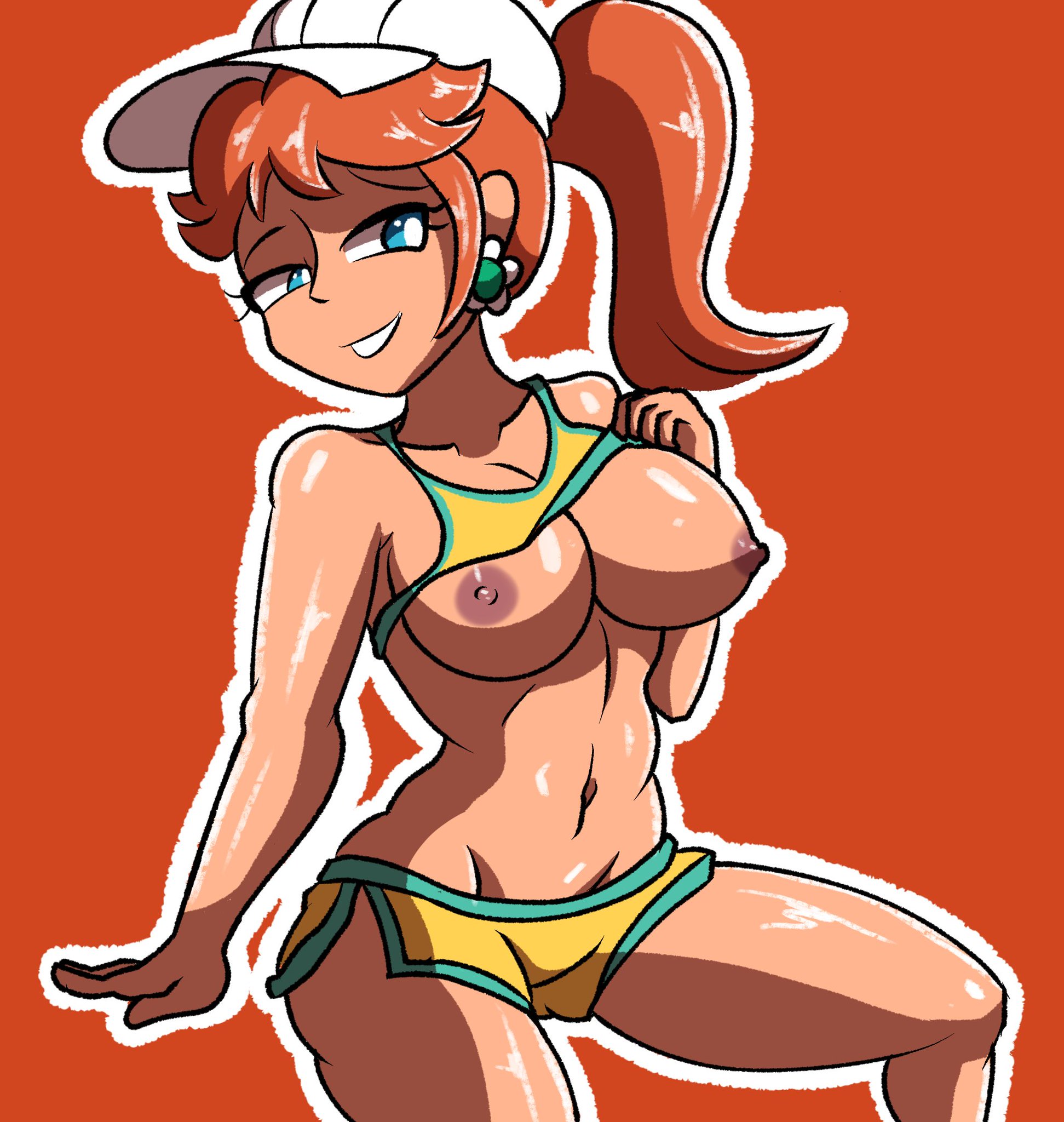 1girls, blue eyes, breasts, clothing, earrings, female, female only, hat, human, human only, mario (series), mario kart, mario kart world, nintendo, official alternate costume, orange hair, princess daisy, princess daisy (swimwear), robveemo, summer, sweating, swimsuit, thick, thick thighs