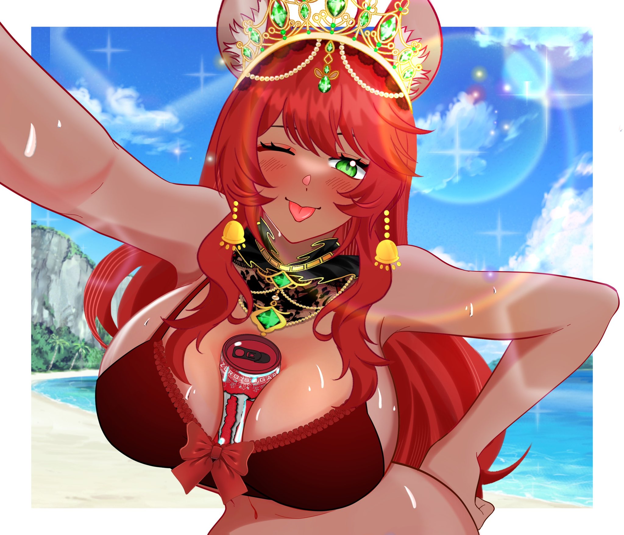 aliciaxlife, beach, beach background, between breasts, bikini, breast hold, breast squeeze, breasts, dark skin, dark-skinned female, female, gold jewelry, green eyes, jewelry, looking at viewer, monster energy, monster energy can, mouse, mouse ears, mouse girl, queen, rat, rat girl, rat tail, red hair, solo, solo female, tongue, tongue out, virtual youtuber, vtuber, wink, winking, winking at viewer, youtuber