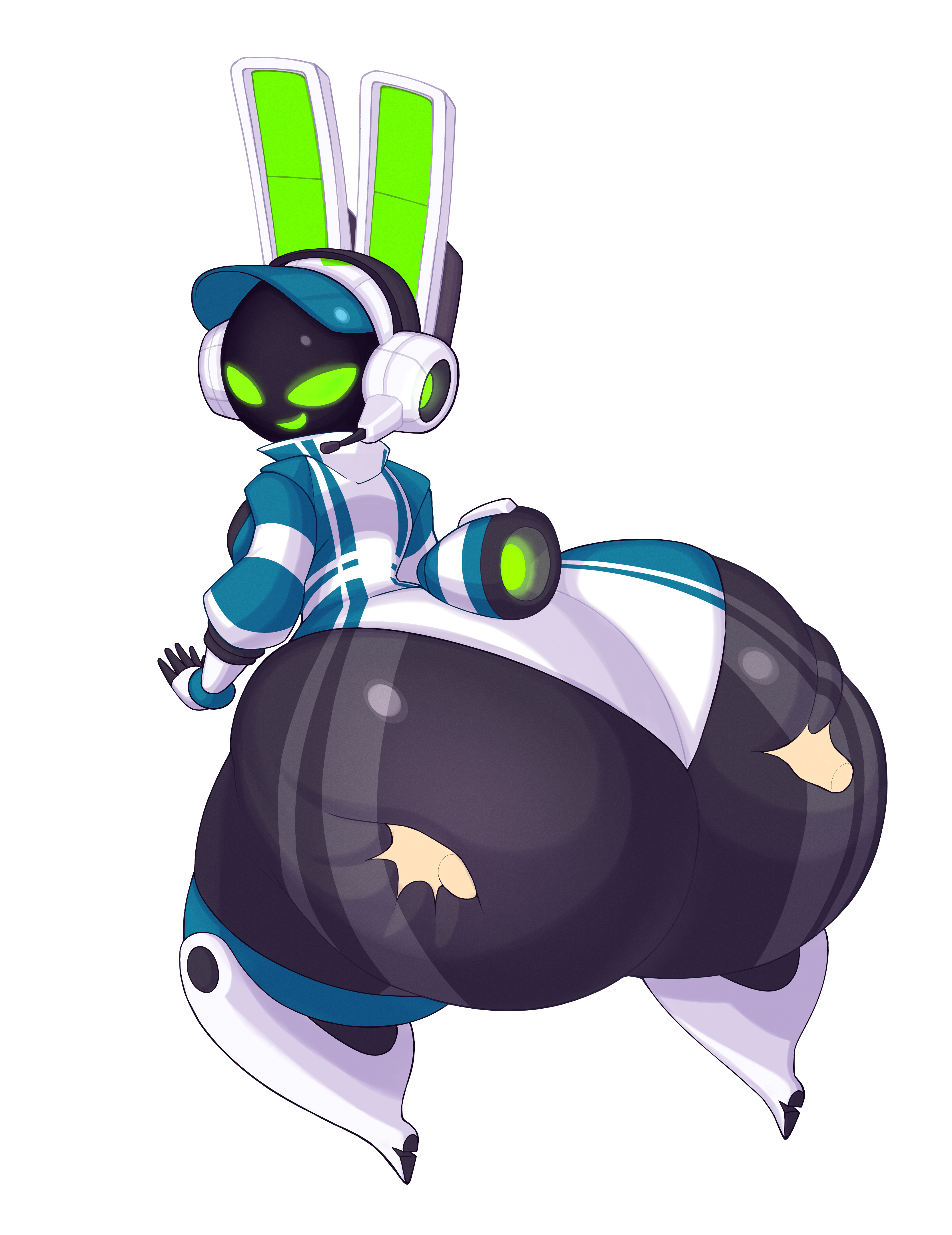 1girls, anthro, ass, ass grab, female, fromariels, green eyes, headwear, highres, hype ass, hyper, hyper ass, leotard, looking at viewer, project turboblast, rabbit ears, robot, robot girl, screen face, tempo (project turboblast), transparent background, wide hips