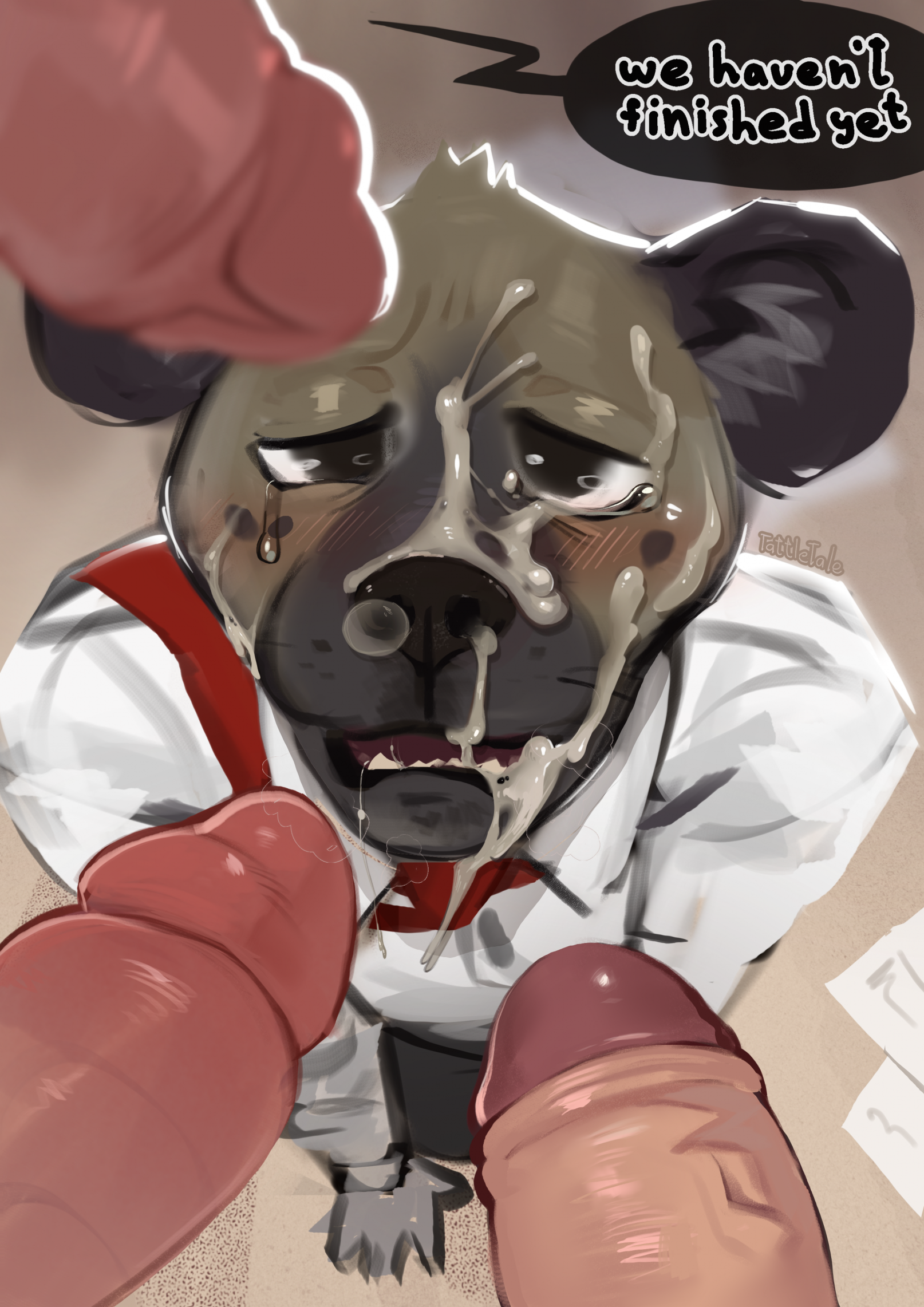 aggressive retsuko, aggretsuko, animal genitalia, animal penis, anthro, bodily fluids, bottomwear, bukkake, canine genitalia, canine penis, clothing, crying, cum, cum drip, cum from nose, cum in mouth, cum in nose, cum inside, cum on face, disembodied penis, dripping, faceless character, faceless male, freakdan1el, gay, gay male, genital fluids, genitals, group, haida, haida (aggretsuko), hi res, humanoid genitalia, humanoid penis, hyena, kneeling, male, male/male, mammal, open mouth, pants, penis, pleading eyes, sanrio, shirt, submissive, submissive anthro, submissive male, tears, thick penis, topwear, yaoi