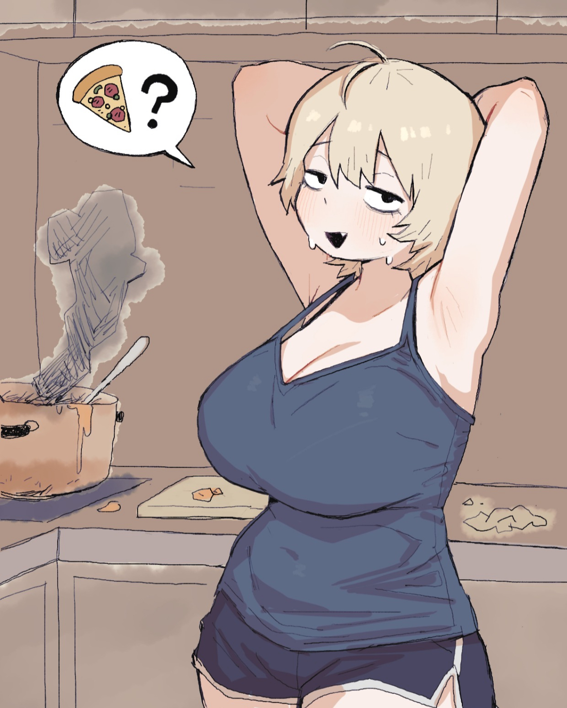 armpits, breasts, chubby female, cooking, female, hands behind head, huge breasts, kms2605, short hair, solo focus, tired eyes
