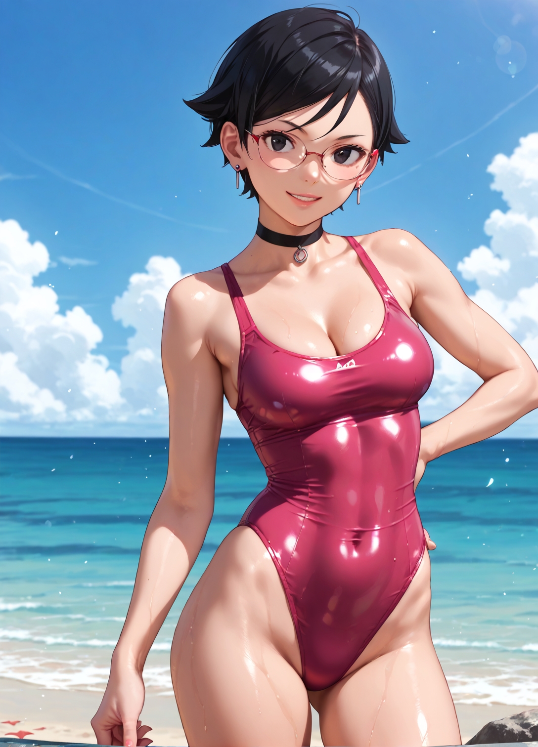 1girls, 2d, ai generated, areolae, armpit, bare arms, beach, big breasts, black eyes, black hair, boruto: naruto next generations, boruto: two blue vortex, breasts, chest, cleavage, curvy, curvy figure, cute, cute face, detailed, eyelashes, eyeshadow, female, female only, fit, fit female, focus, hair, high quality, large breasts, legs, light skin, light-skinned female, lips, lipstick, looking at viewer, makeup, mascara, medium breasts, naruto, naruto (series), nero100, outdoors, outside, pale skin, pale-skinned female, perky breasts, petite, petite body, petite female, posing, sarada uchiha, seductive, seductive look, short hair, skinny, skinny female, stable diffusion, swimsuit, swimwear, tagme, teenager, thighs, thin waist, twintails