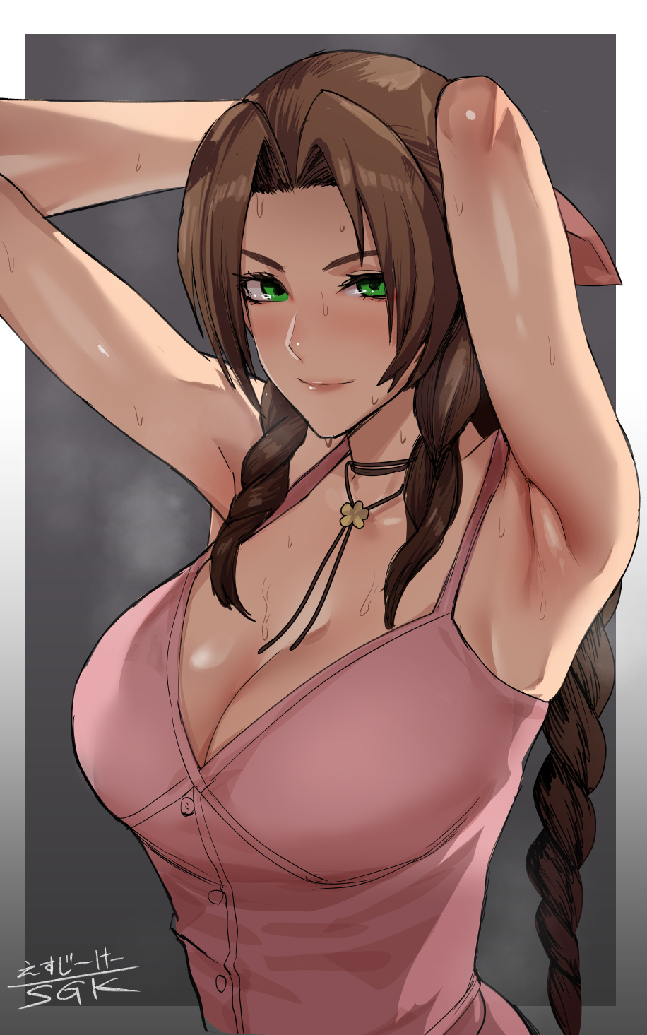 1girls, adjusting hair, aerith gainsborough, alternate breast size, armpit crease, armpits, arms behind head, arms up, bolo tie, braid, braided ponytail, breasts, cleavage, commentary request, dress, female, final fantasy, final fantasy vii, highres, large breasts, light blush, looking at viewer, outside border, pink dress, pink ribbon, ribbon, sgk, solo, sweat, upper body