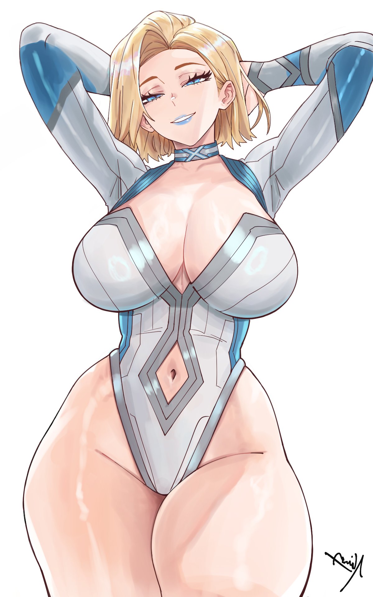1girls, 2025, 2d, alternate costume, armpits, arms up, bare belly, bare legs, bare thighs, belly button, belly button visible through clothing, big breasts, blonde eyebrows, blonde female, blonde hair, blue eyes, blue lipstick, bob cut, breasts, breasts bigger than head, choker, curvy, emma frost, emma frost (marvel rivals), eyebrows, eyelashes, female, hair behind ear, half-closed eyes, hands behind head, hips, hips wider than shoulders, hourglass figure, huge breasts, legs together, leotard, light skin, light-skinned female, looking at viewer, makeup, marvel, marvel comics, marvel rivals, mature, mature female, meaty thighs, medium hair, milf, naivesout, no bra, no panties, pale skin, pale-skinned female, plain background, shiny skin, simple background, slightly open mouth, smile, smiling, smiling at viewer, standing, teeth, thick legs, thick thighs, thighs, white background, white queen, wide hips