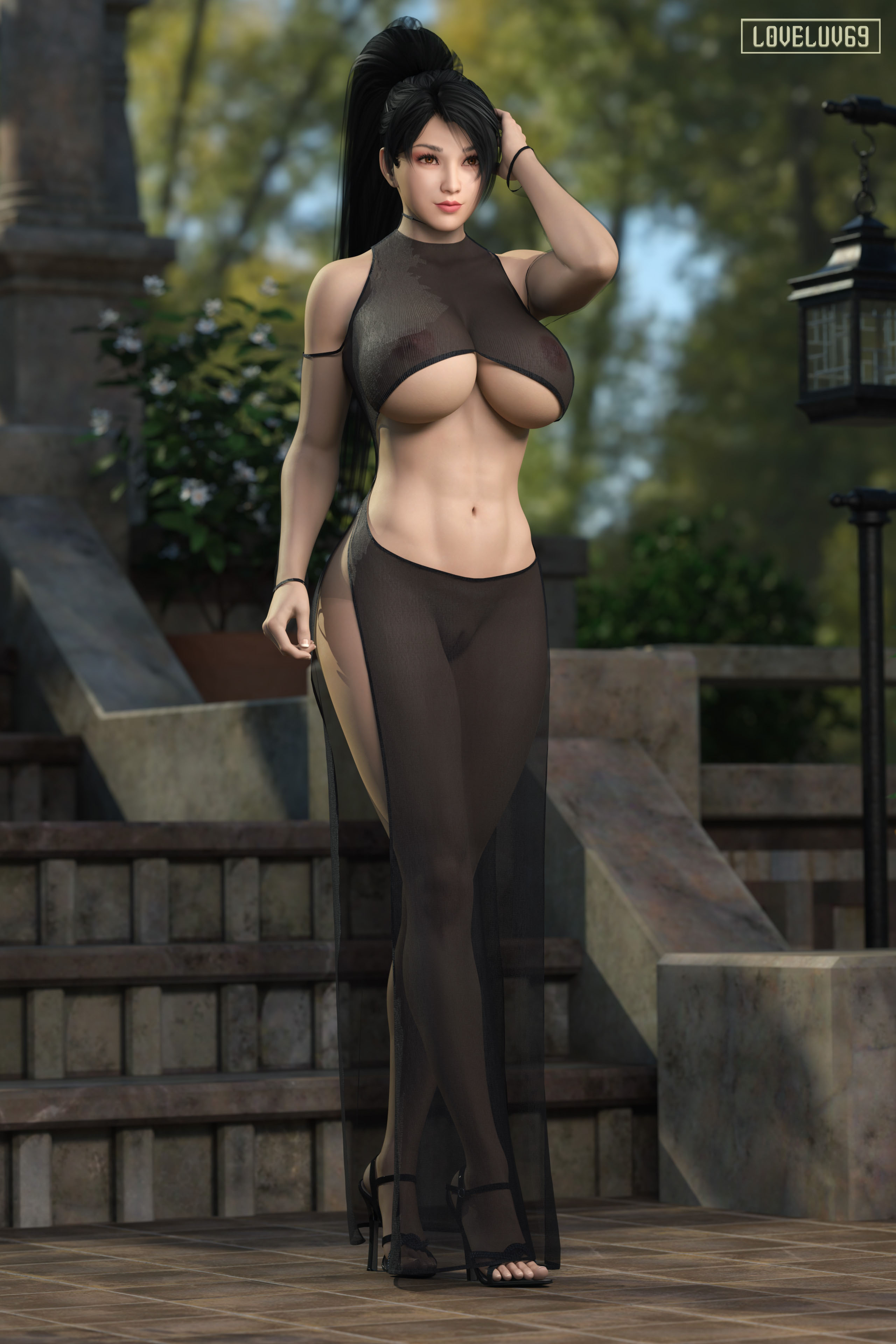 3d, black hair, breasts, busty, dead or alive, dress, female, female focus, female only, functionally nude, high heels, hourglass figure, large breasts, loveluv69, momiji (ninja gaiden), naked footwear, ninja gaiden, nude, nude female, nudity, pinup, pinup pose, tagme, wide hips