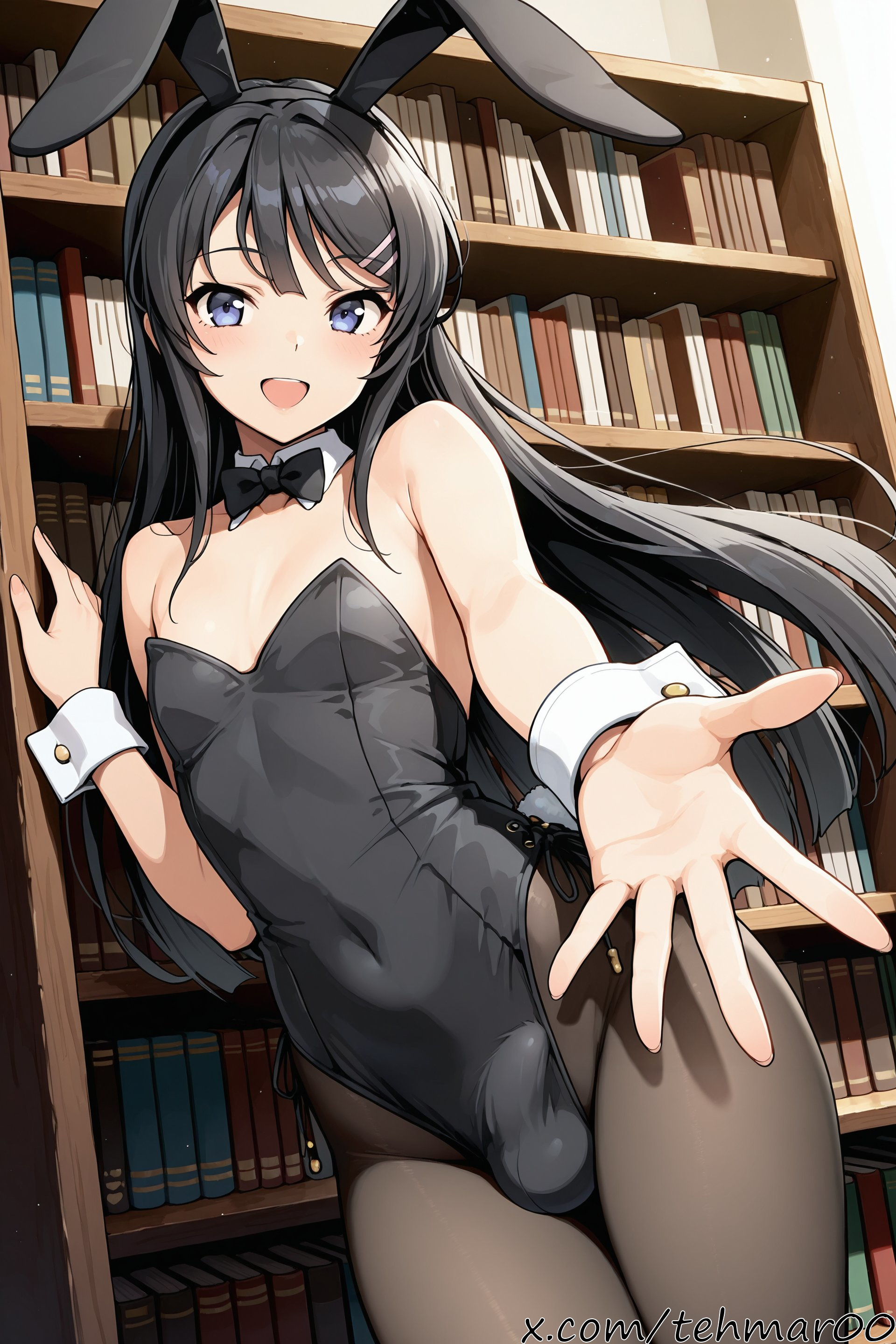 :d, 1boy, ai generated, animal ears, bare shoulders, black bow, black hair, black leotard, black pantyhose, blue eyes, book, bookshelf, bow, bowtie, bulge, bunny ears, bunnysuit, covered navel, detached collar, fake animal ears, female, femboy, genderswap (ftm), hair ornament, hairclip, leotard, library, long hair, looking at viewer, male, open mouth, pantyhose, playboy bunny, rule 63, sakurajima mai, seishun buta yarou wa bunny girl senpai no yume wo minai, smile, solo, strapless, strapless leotard, tagme, tehmar, trans woman, transfem, trap, wrist cuffs