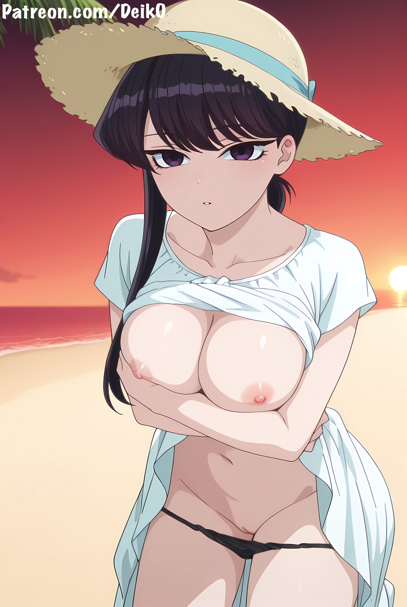 ai generated, arms under breasts, beach, beach hat, breasts, dark purple eyes, dark purple hair, deik0, female, hat, komi can't communicate, komi shouko, komi-san wa komyushou desu, large breasts, long hair, nipples, panties down, parted bangs, parted lips, pussy, red sky, sand, sunset, undressing