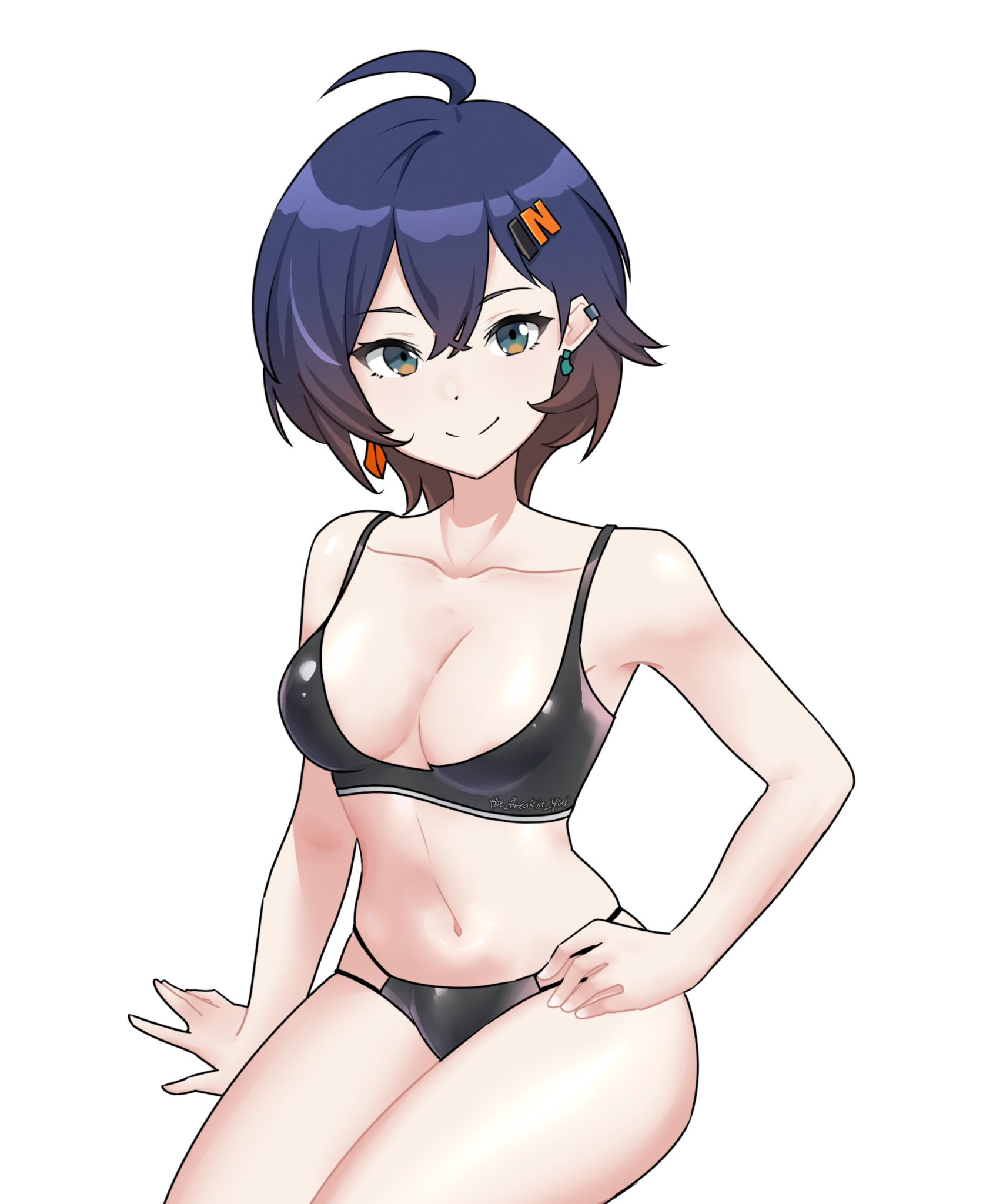 1girls, ahoge, belle (zenless zone zero), blue hair, bra, breasts, cleavage, closed mouth, collarbone, female, female focus, female only, highres, light skin, light-skinned female, medium breasts, midriff, navel, pale skin, pale-skinned female, panties, short hair, smile, the freakin' yui, underwear, zenless zone zero