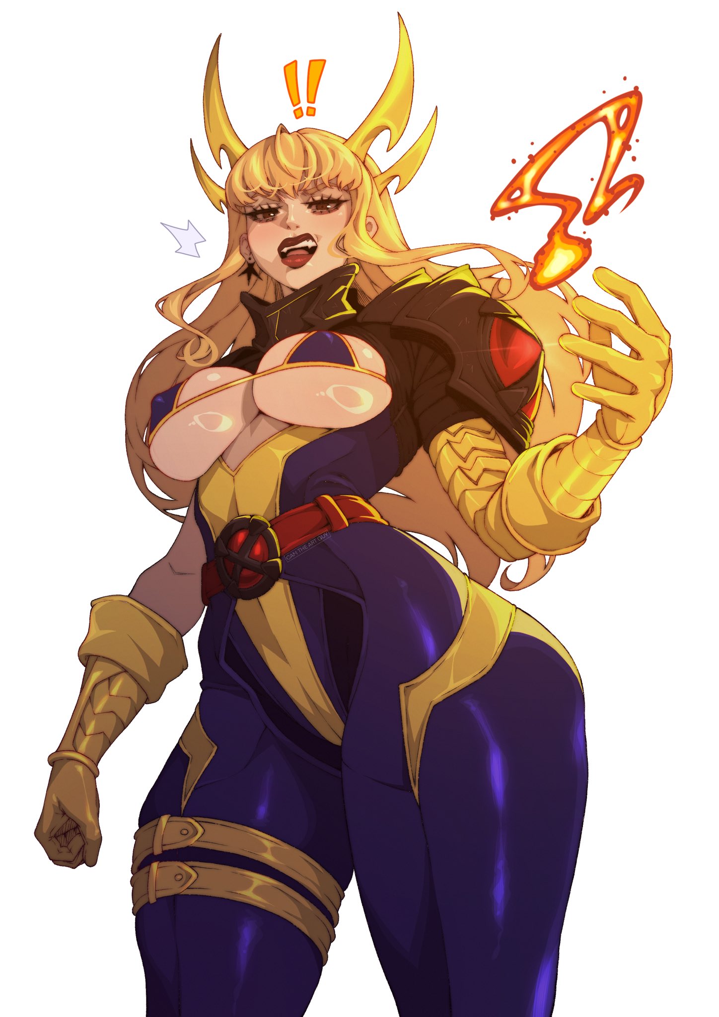 1girls, 2d, big breasts, blonde hair, breasts, camtheartguy, cleavage, clothed, clothed female, female, female only, fit female, full lips, light skin, light-skinned female, long hair, looking at viewer, magik (illyana rasputin), magik (marvel rivals), magik (retro x-uniform), marvel, marvel comics, marvel rivals, mature female, slim waist, solo, superheroine, thick thighs, thighs, white background, wide hips, x-men