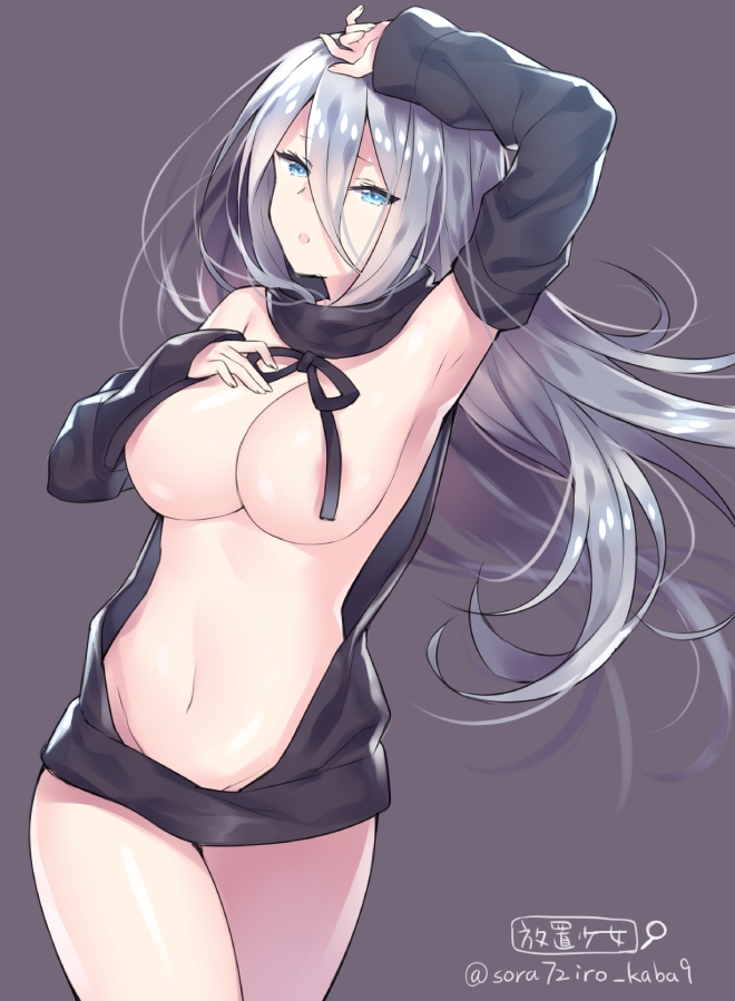 aran_sweater areola_slip areolae armpits blue_eyes breasts cowboy_shot detached_sleeves drawstring dress eyebrows_visible_through_hair female grey_sweater halterneck houchi_shoujo large_breasts long_hair looking_at_viewer meme_attire naked_sweater original parted_lips purple_background reverse_virgin_killer_sweater ribbed_sweater signature silver_hair simple_background sleeveless sleeveless_turtleneck sweater sweater_dress thighs touwa_nikuman tsurime turtleneck turtleneck_sweater virgin_killer_sweater wardrobe_error