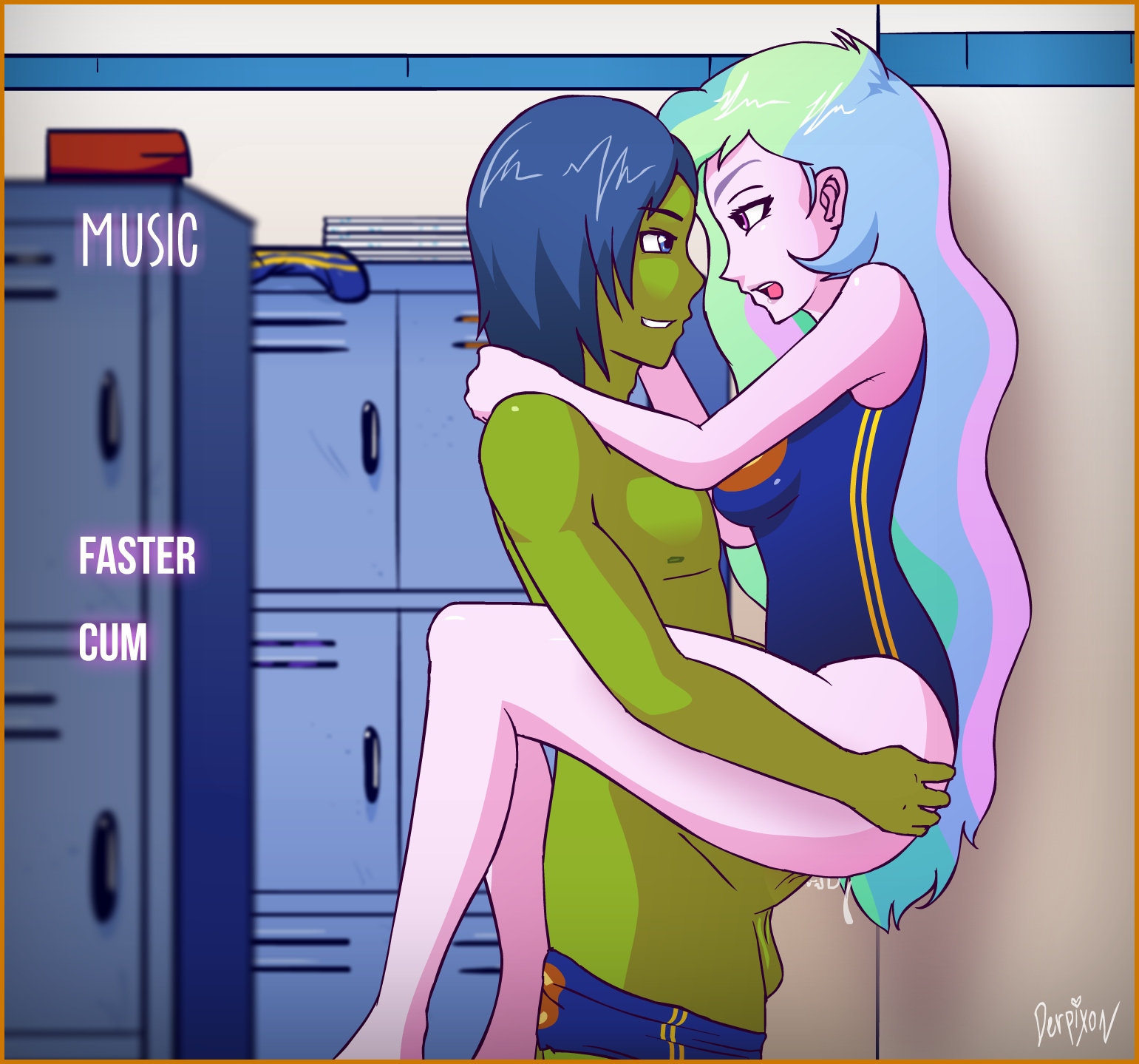 derpixon, equestria girls, female, female focus, female penetrated, friendship is magic, male, my little pony, pink skin, princess celestia (mlp), pussy, swimsuit, vaginal penetration