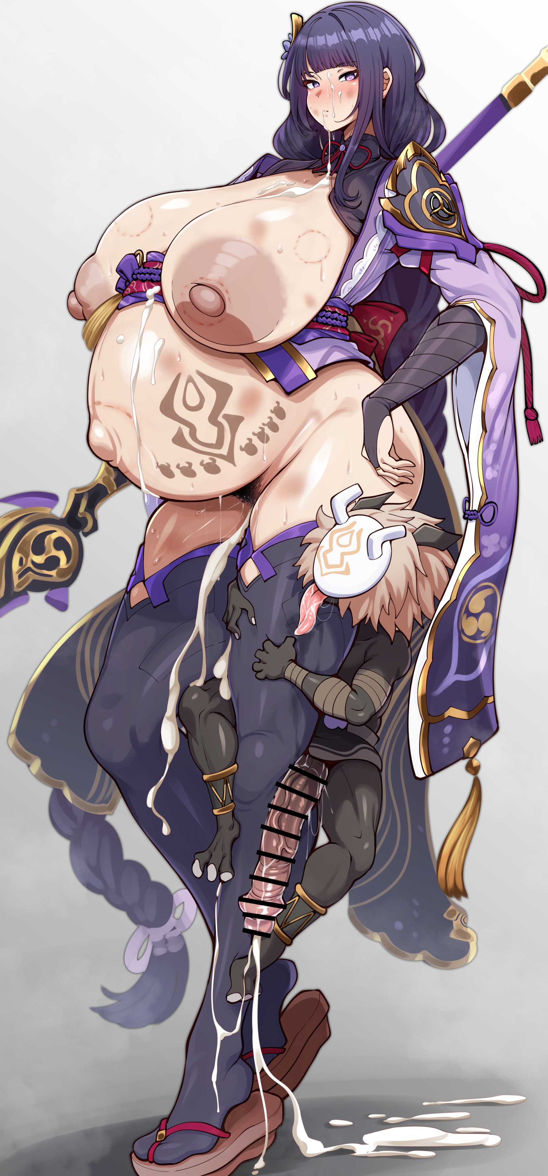 1girls, 1monster, areola, areolae, ass, bar censor, big areola, big ass, big belly, big breasts, big nipples, big penis, big thighs, bite mark, bodily fluids, breasts, censored, creature, drooling, exposed pregnant belly, female, genshin impact, gigantic ass, gigantic breasts, gigantic thighs, hilichurls (species), huge areola, huge areolae, huge ass, huge belly, huge breasts, huge nipples, huge penis, huge thighs, hyper pregnancy, inazuma girls, interspecies pregnancy, long hair, male, nipples, penis, pitch-black skin, pregnancy, pregnant, pregnant belly, pregnant female, purple eyes, purple hair, pussy, raiden shogun, ryuun (stiil), size difference, smaller male, tagme, thick thighs, thighs, tongue, vagina