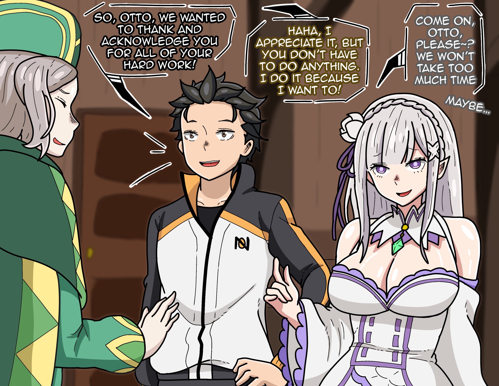 1girls, 2boys, apoelayoshi7, before sex, breasts, canon couple, cleavage, elf, elf ears, elf female, emilia (re:zero), female, large breasts, male, natsuki subaru, otto suwen, purple eyes, re:zero kara hajimeru isekai seikatsu, silver hair, swingers