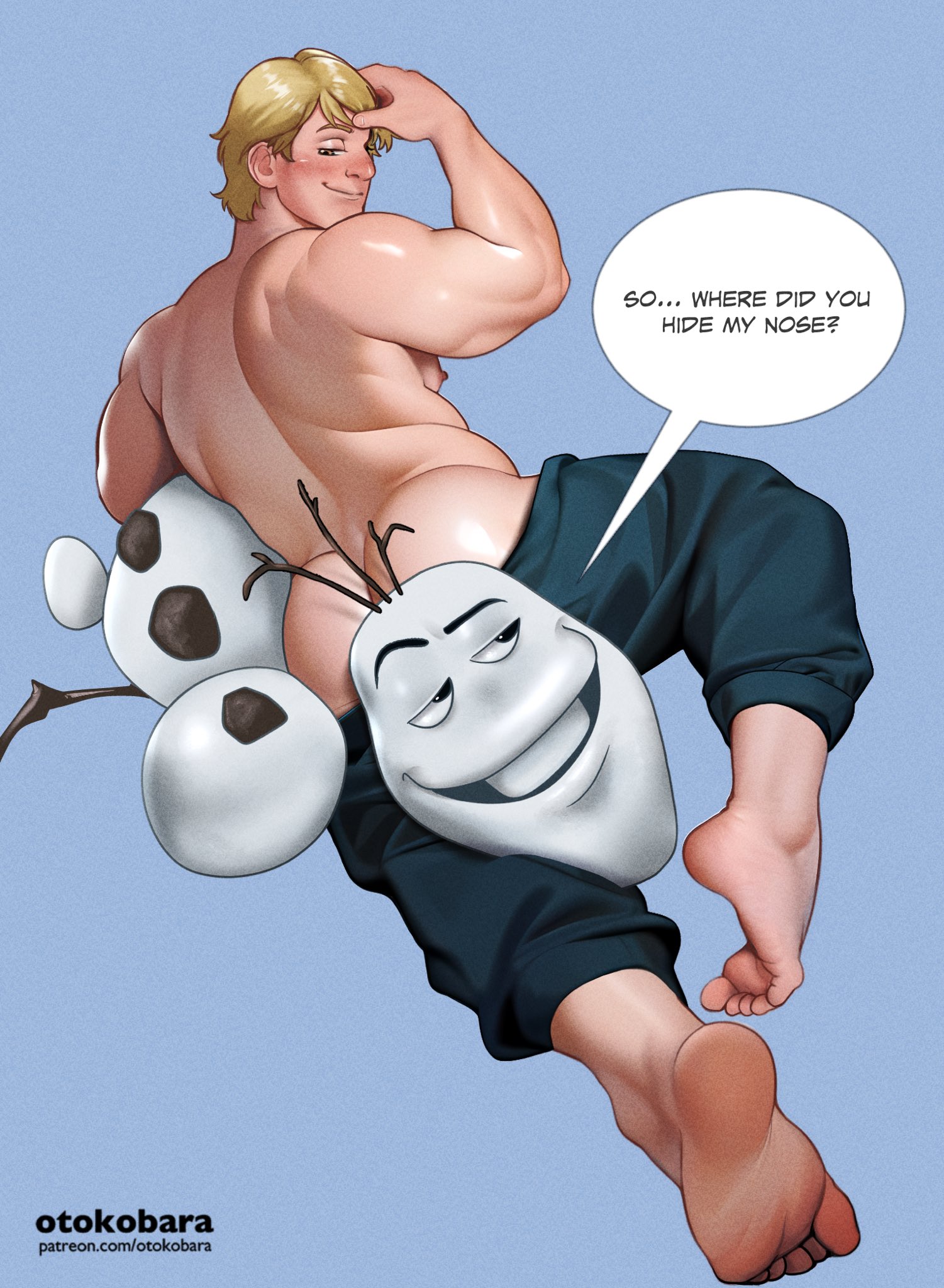 2boys, amused, ass, barefoot, beefy, blonde hair, blue background, blush, clothing, convenient censoring, disney, feet, frozen (film), gay, hand on head, human, kristoff (frozen), looking back, male, male feet, male only, muscular, muscular male, nipple, no visible genitalia, olaf (frozen), otokobara, pants, pants down, question, snowman, speech bubble, yaoi