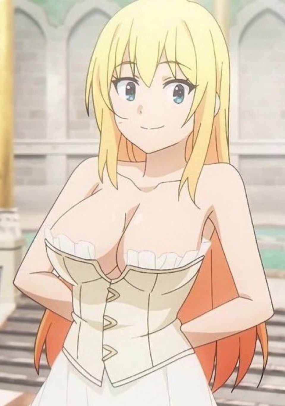 1girls, alternate hairstyle, arms behind back, big breasts, blonde hair, blue eyes, breasts, busty, cleavage, corset, darkness (konosuba), female, female only, hi res, kono subarashii sekai ni shukufuku wo!, large breasts, long hair, looking at viewer, male pov, pose, posing, smile, solo, teen, teen girl, teenage girl, teenager, voluptuous