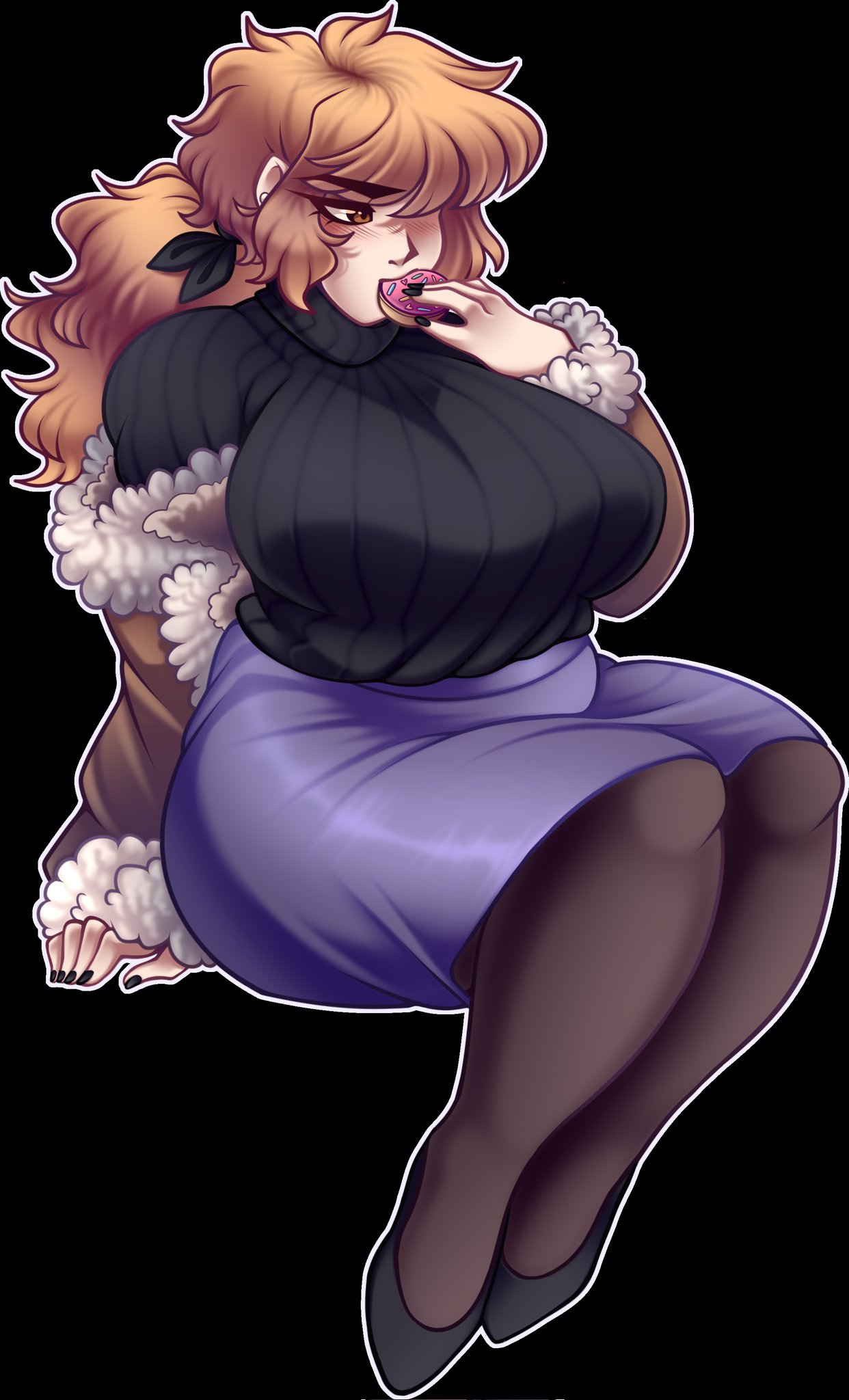 bbw, big breasts, black nails, blonde hair, blush, bomber jacket, breasts, brown eyes, chubby, chubby female, cocobnuuy, donut, eating, fear and hunger, fear and hunger: termina, female, female only, full body, fully clothed, hair over one eye, huge breasts, karin (fear and hunger), long hair, pantyhose, pencil skirt, plump, ponytail, sitting, skirt, solo, sweater, turtleneck, turtleneck sweater