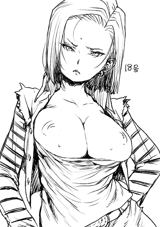 1girls, android 18, areolae, belt, bob cut, breasts, breasts out, collarbone, dragon ball, dragon ball z, earrings, female, female only, highres, hoop earrings, jacket, large breasts, long sleeves, looking at viewer, monochrome, nipples, no bra, plain background, raglan sleeves, serious, short hair, skirt, solo, standing, upper body