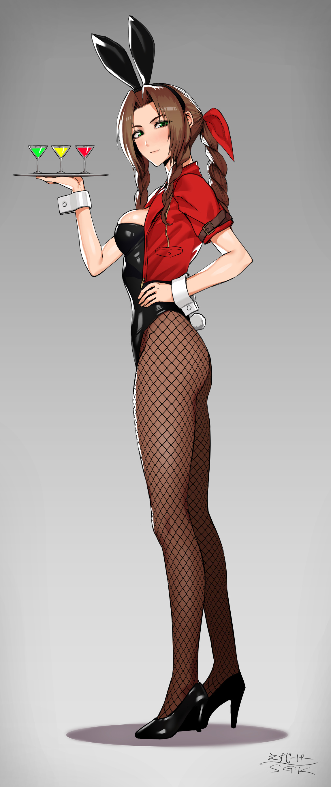 1girls, absurdres, aerith gainsborough, alternate costume, animal ears, ass, black leotard, bow, braid, braided ponytail, braided sidelock, breasts, brown hair, closed mouth, cocktail glass, cropped jacket, cup, drinking glass, fake animal ears, fake tail, female, final fantasy, final fantasy vii, final fantasy vii remake, fishnet pantyhose, fishnets, from side, full body, green eyes, grey background, hairbow, hand on own hip, high heels, highres, jacket, legs, leotard, long legs, looking at viewer, medium breasts, pantyhose, playboy bunny, rabbit ears, rabbit tail, red jacket, sgk, simple background, solo, standing, tail, tray, wrist cuffs