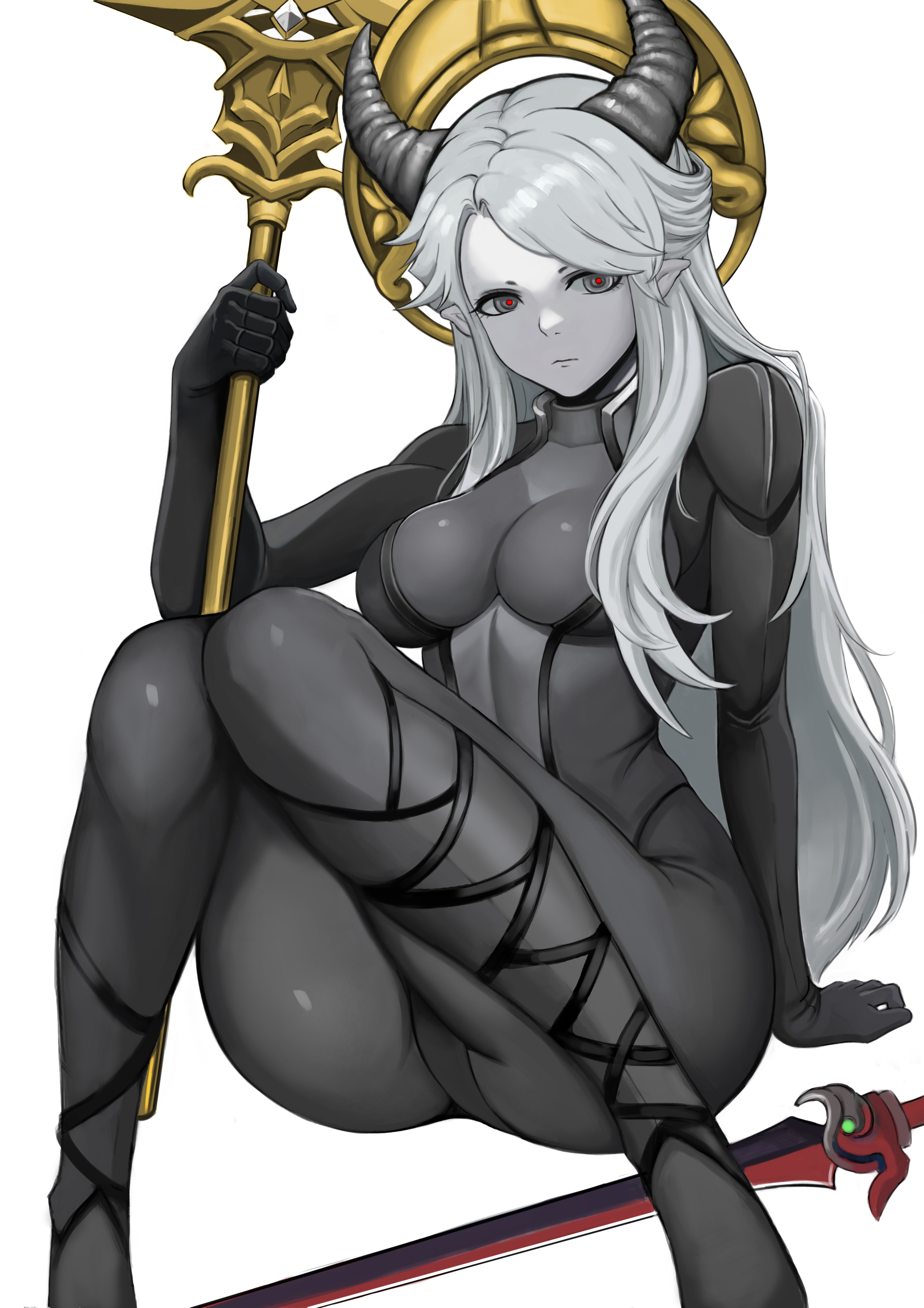bodysuit, breasts, deity, demon, demon girl, expressionless, fear and hunger, fear and hunger: termina, female, female only, goddess, grey eyes, halo, hodan, horns, light skin, light-skinned female, long hair, looking at viewer, medium breasts, pale skin, pale-skinned female, pointy ears, skin tight, solo, the heartless one, weapon, white body, white hair, white skin