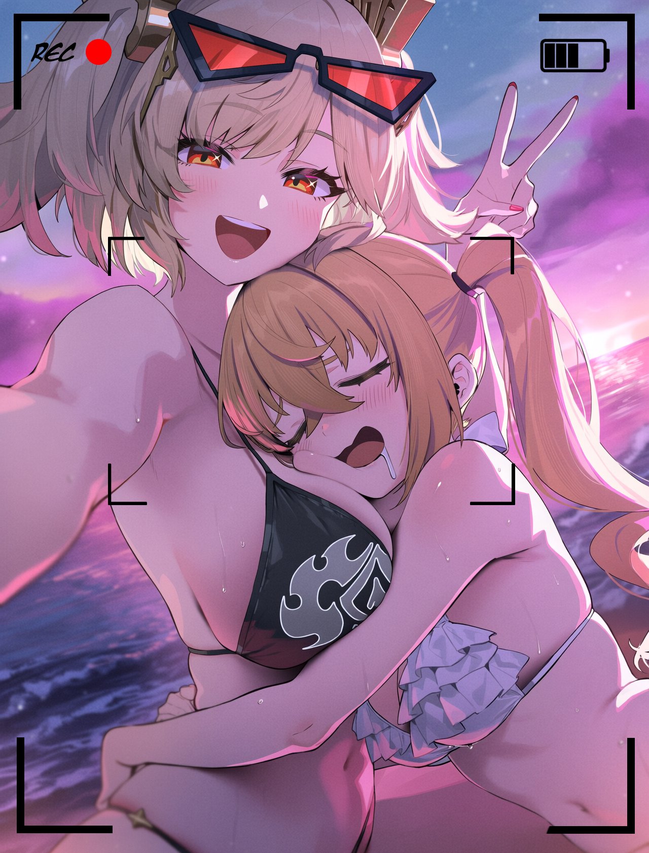 2girls :d ai_generated bangs bare_shoulders battery_indicator beach bikini black_bikini blonde_hair blush breasts burnice_white cleavage closed_eyes crossed_bangs drooling eyewear_on_head frilled_bikini frills hair_between_eyes hair_ornament highres hug large_breasts long_hair looking_at_viewer luciana_de_montefio medium_breasts model_request multiple_girls navel ocean open_mouth orange_eyes outdoors recording red_eyes saliva sky smile stomach sunglasses sunset swimsuit teeth twintails upper_body upper_teeth_only v viewfinder wet white_bikini yuneillusts zenless_zone_zero