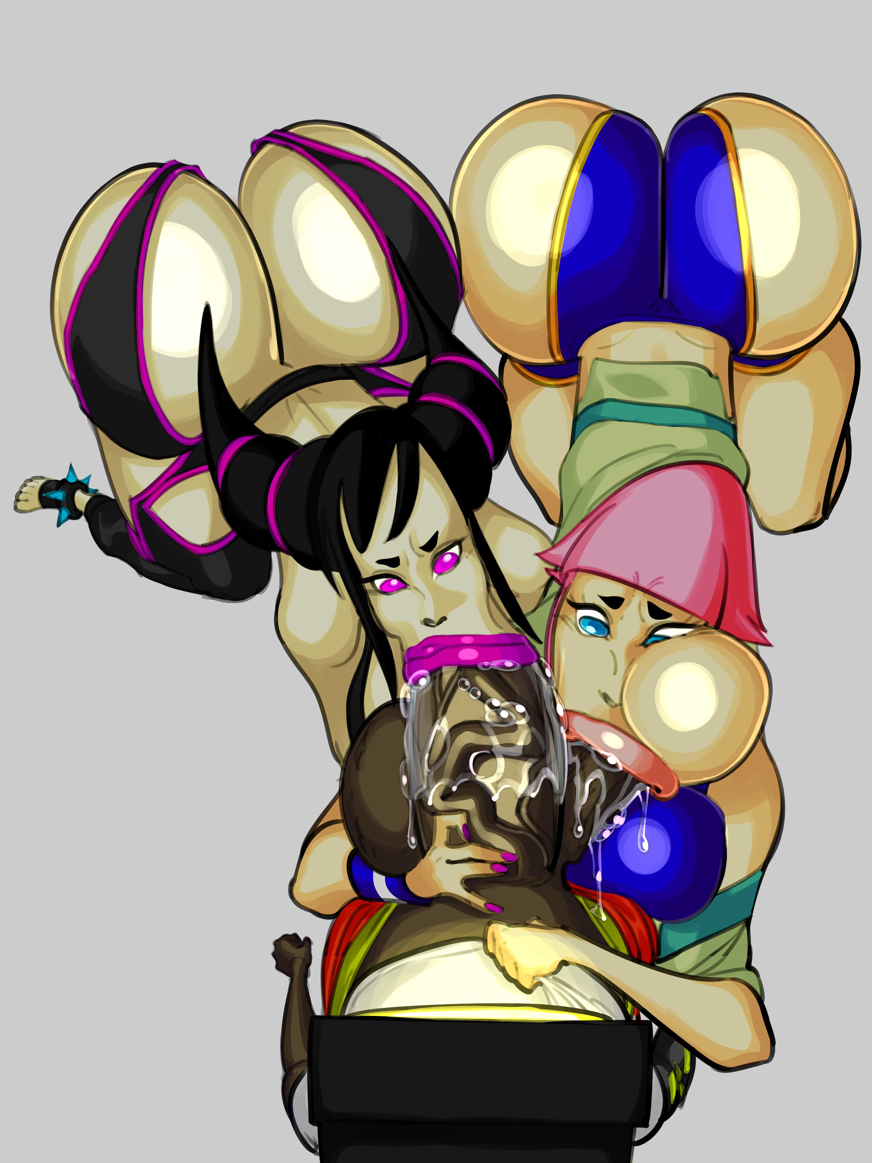 1boy, 2d, 2girls, ass, big ass, bimbo, capcom, croquant, dark skin, dark-skinned male, female, female focus, juri han, large ass, light skin, light-skinned female, male, manon legrand, penis, street fighter, street fighter 6, tagme