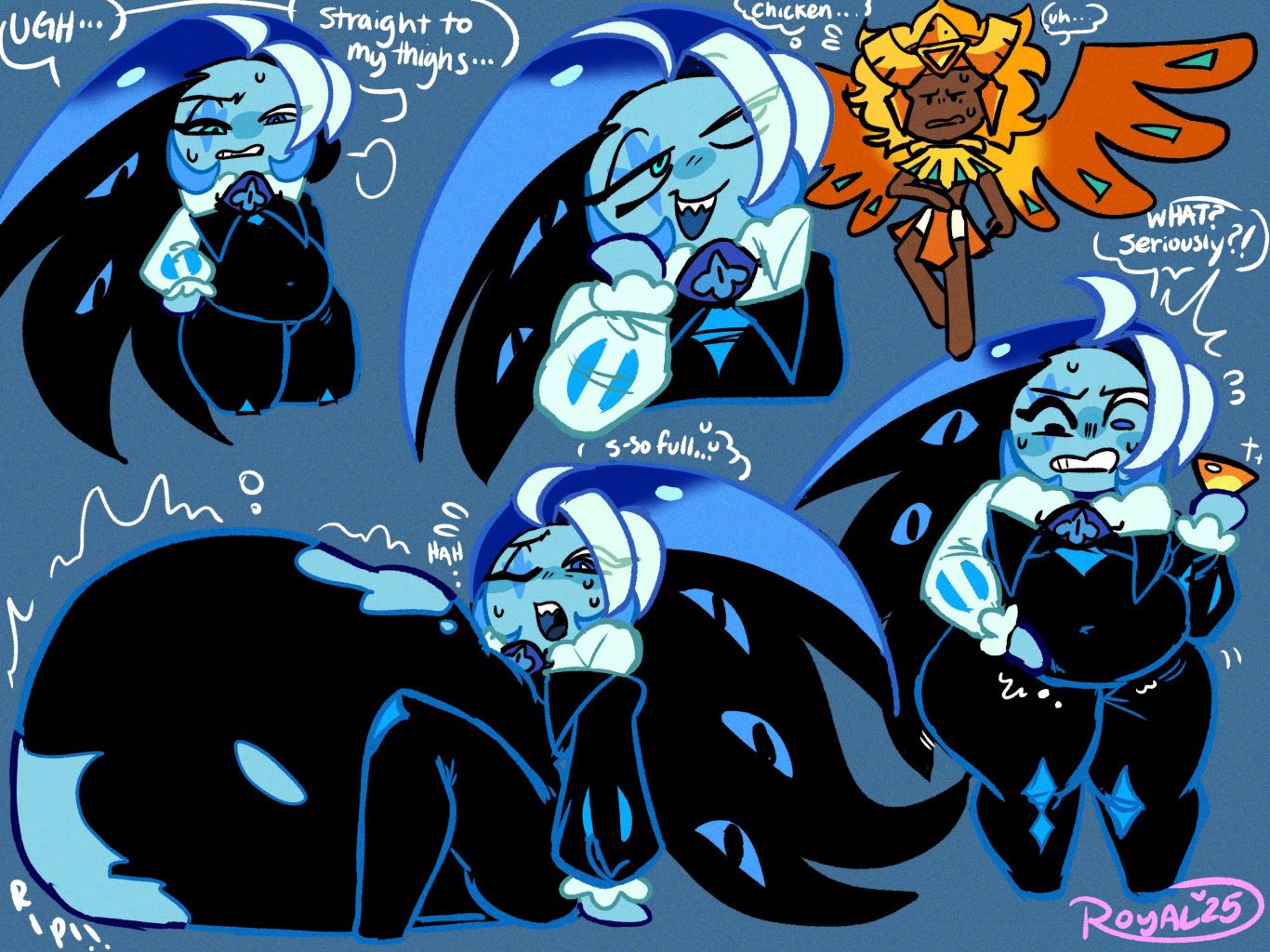 big belly, chubby male, cookie run, cookie run kingdom, fat, female, female prey, golden cheese cookie, male, male pred, oral vore, post-vore, shadow milk cookie, theroyalllama, thick thighs, torn clothes, vore, vore belly, weight gain
