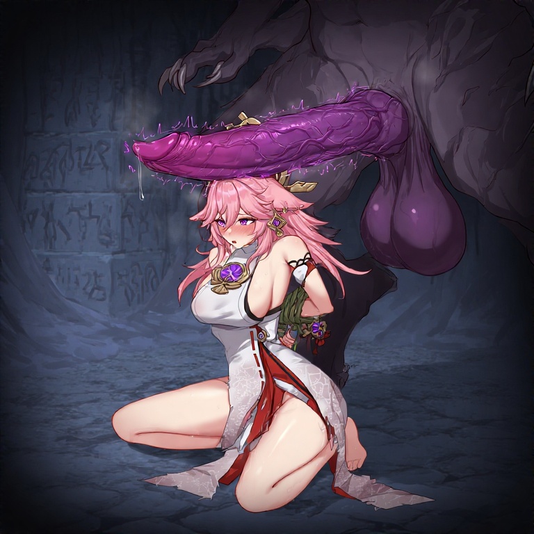 1girls, ai generated, female, fox ears, genshin impact, imminent oral, imminent rape, male, monster, monster cock, penis, pink hair, yae miko