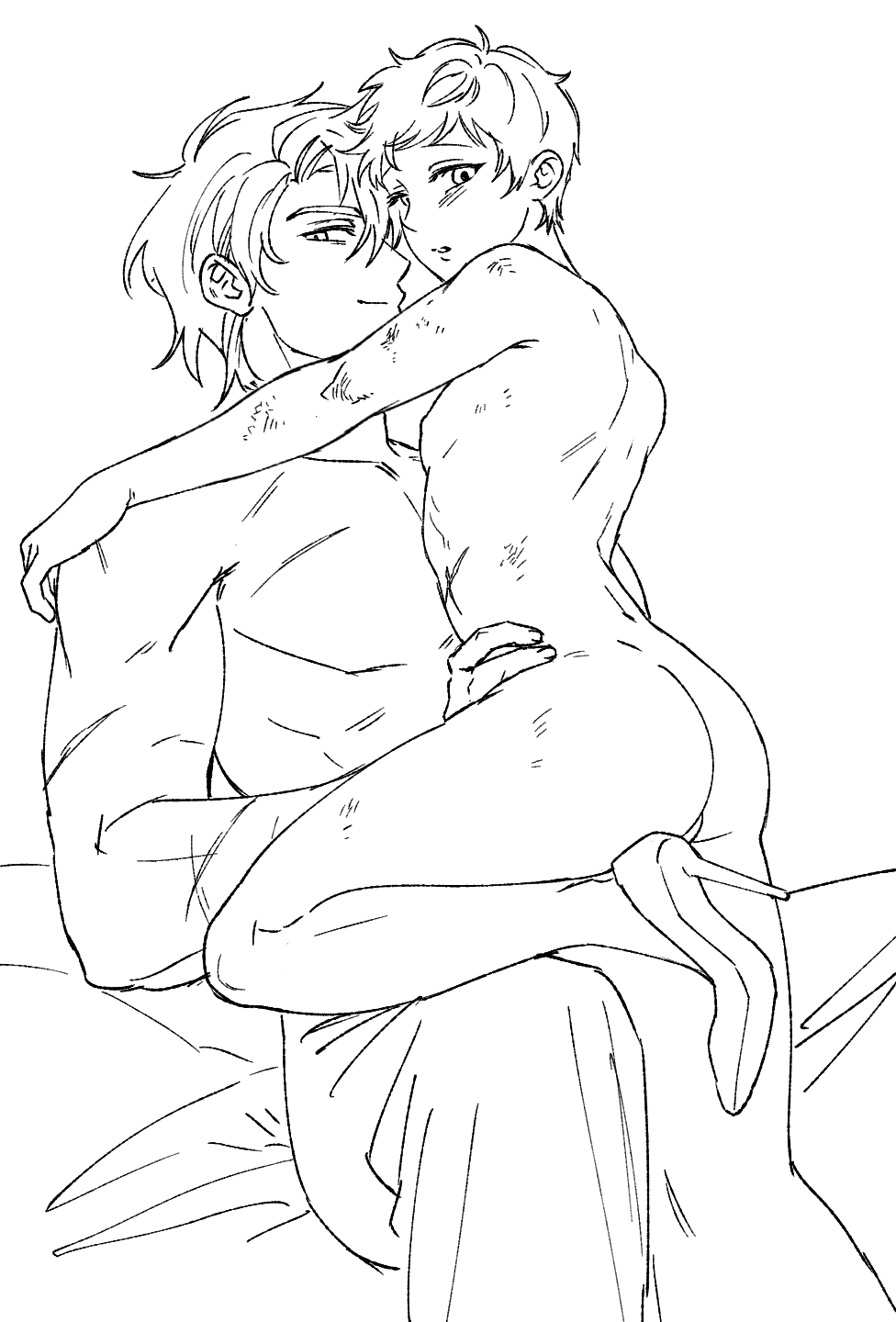 2boys ass crossdressing fear_and_hunger fear_and_hunger:_termina femboy gay h757lkabmv6958 high_heels levi_(fear_and_hunger) line_art looking_at_viewer looking_back male male_only monochrome naked_footwear nude pavel_yudin sitting smile smirk twink waist_grab yaoi